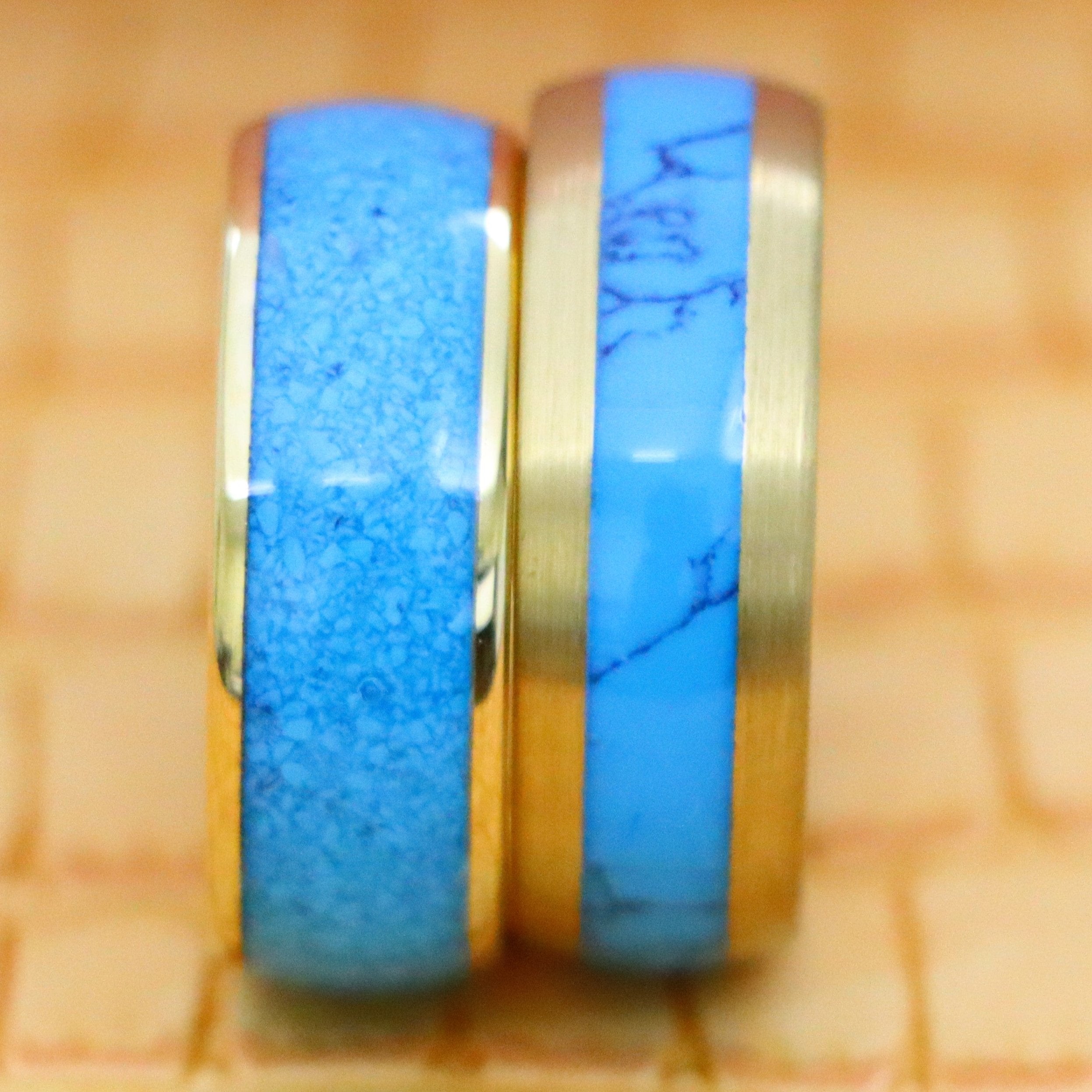 Domed Yellow Gold Plated Blue Turquoise Inlay/ Crushed Turquoise Tungsten Ring - Men's Fashion Jewelry