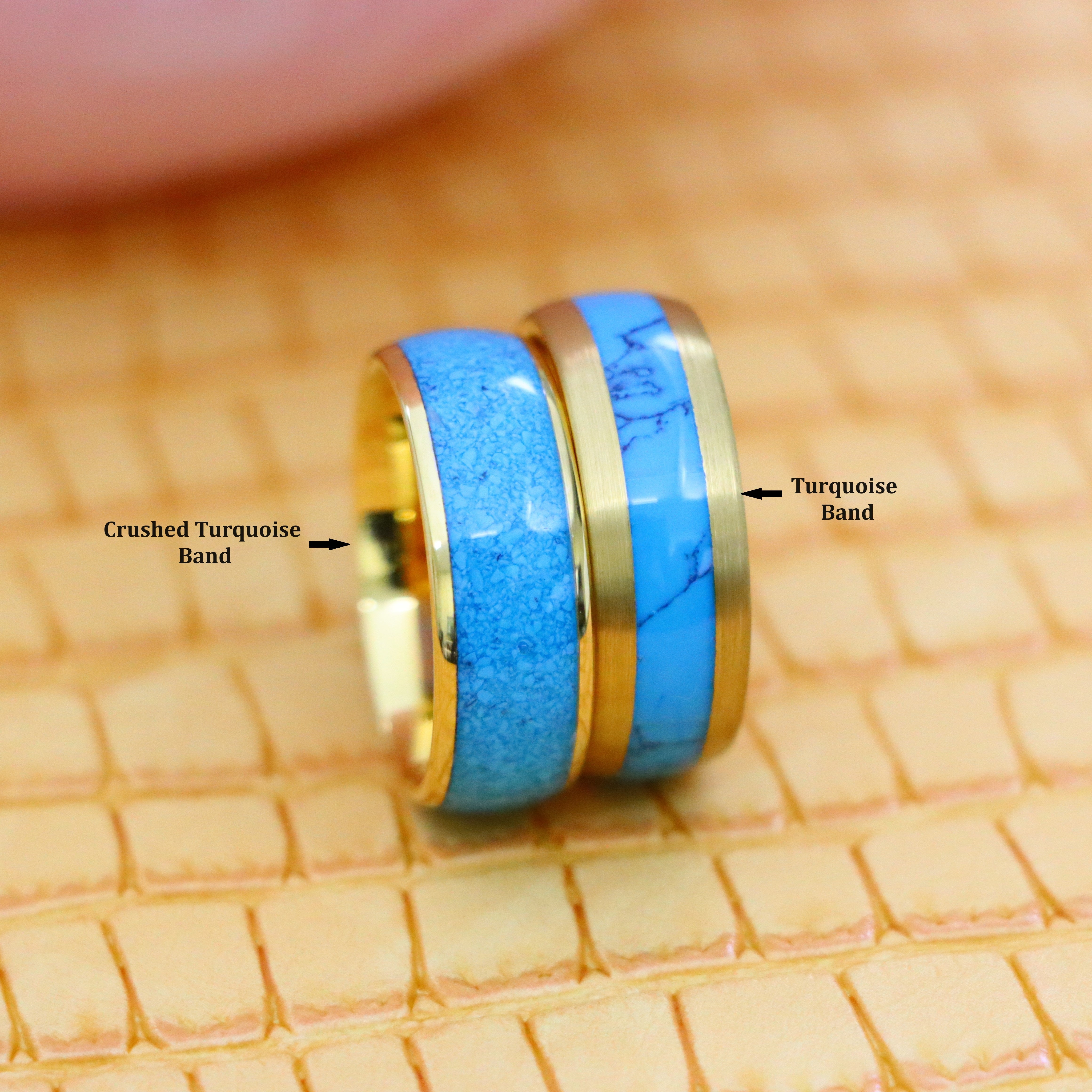 Domed Yellow Gold Plated Blue Turquoise Inlay/ Crushed Turquoise Tungsten Ring - Men's Fashion Jewelry