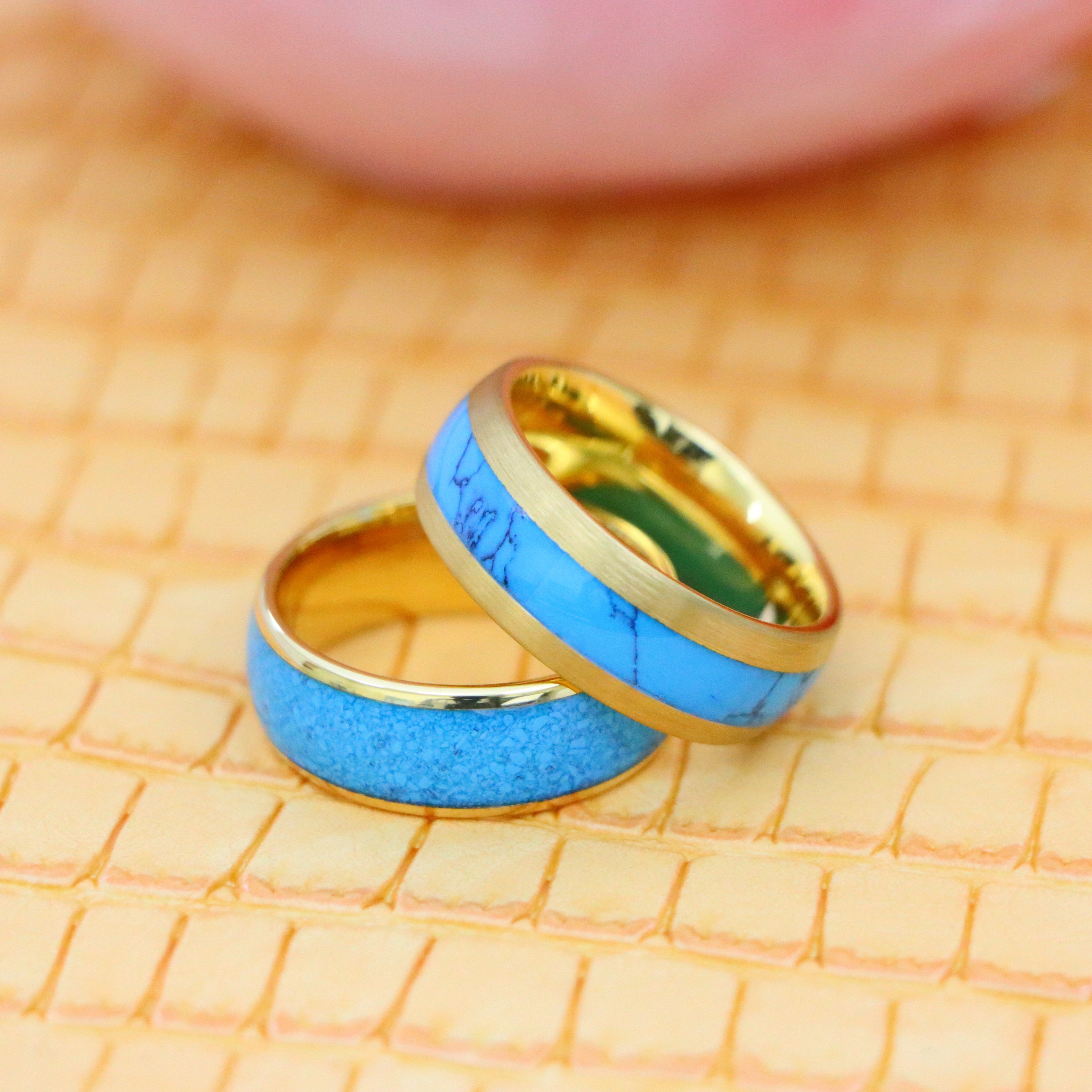 Domed Yellow Gold Plated Blue Turquoise Inlay/ Crushed Turquoise Tungsten Ring - Men's Fashion Jewelry