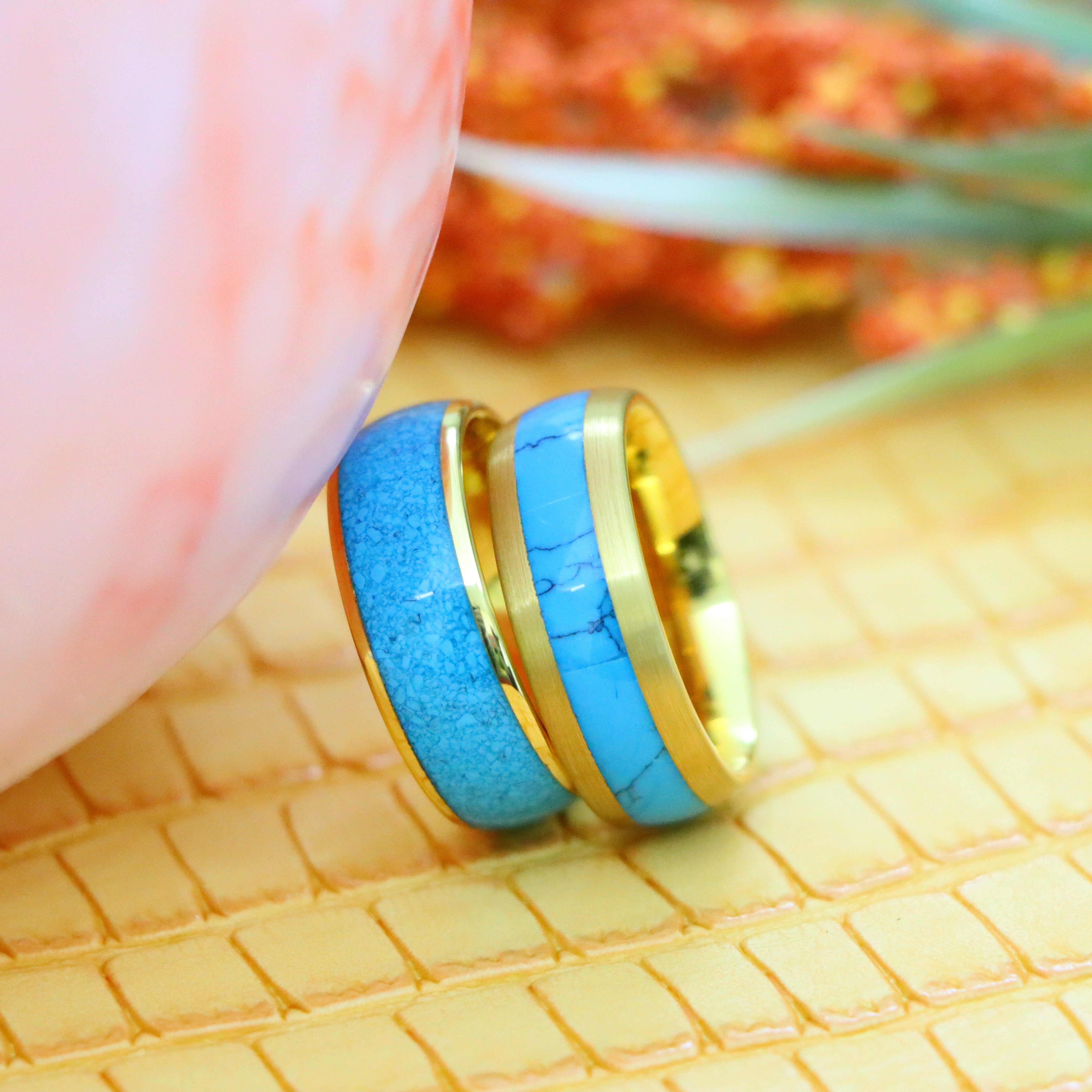 Domed Yellow Gold Plated Blue Turquoise Inlay/ Crushed Turquoise Tungsten Ring - Men's Fashion Jewelry