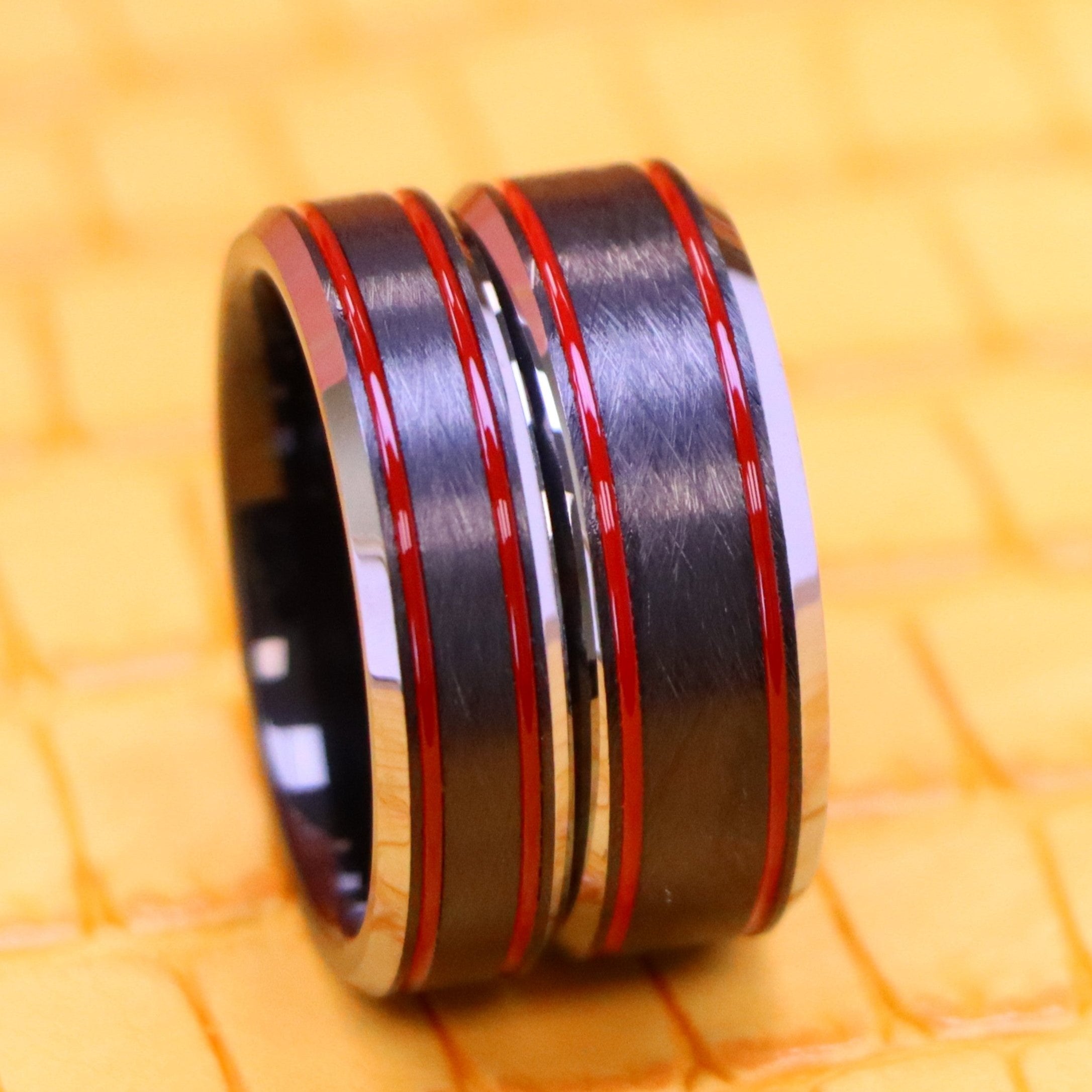 Charcoal Gray IP Plated Ice Finish with 2 Red Stripes Tungsten Ring