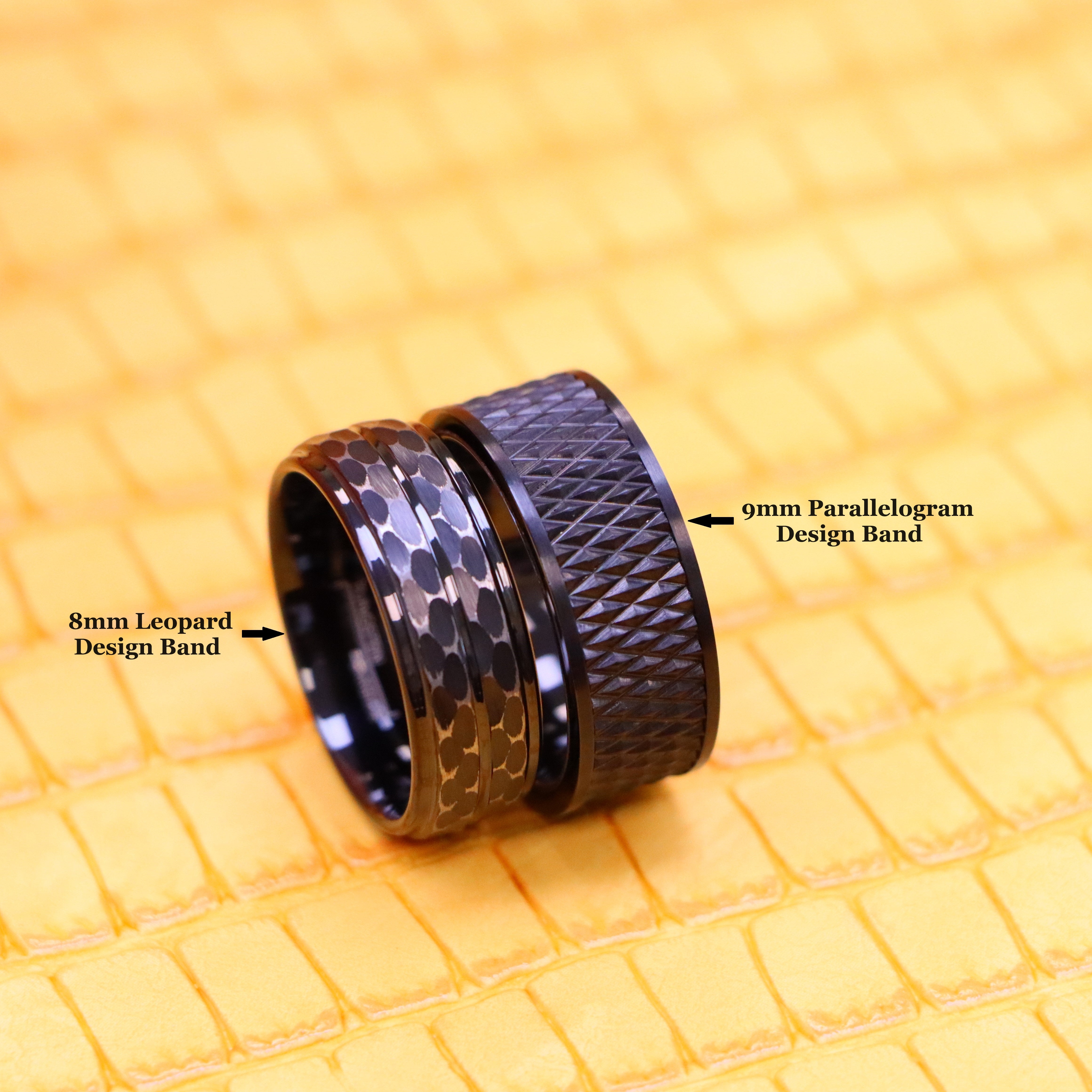 Black IP Plated Parallelogram / Leopard Spots Design Tungsten Ring - Men's Tungsten Jewelry