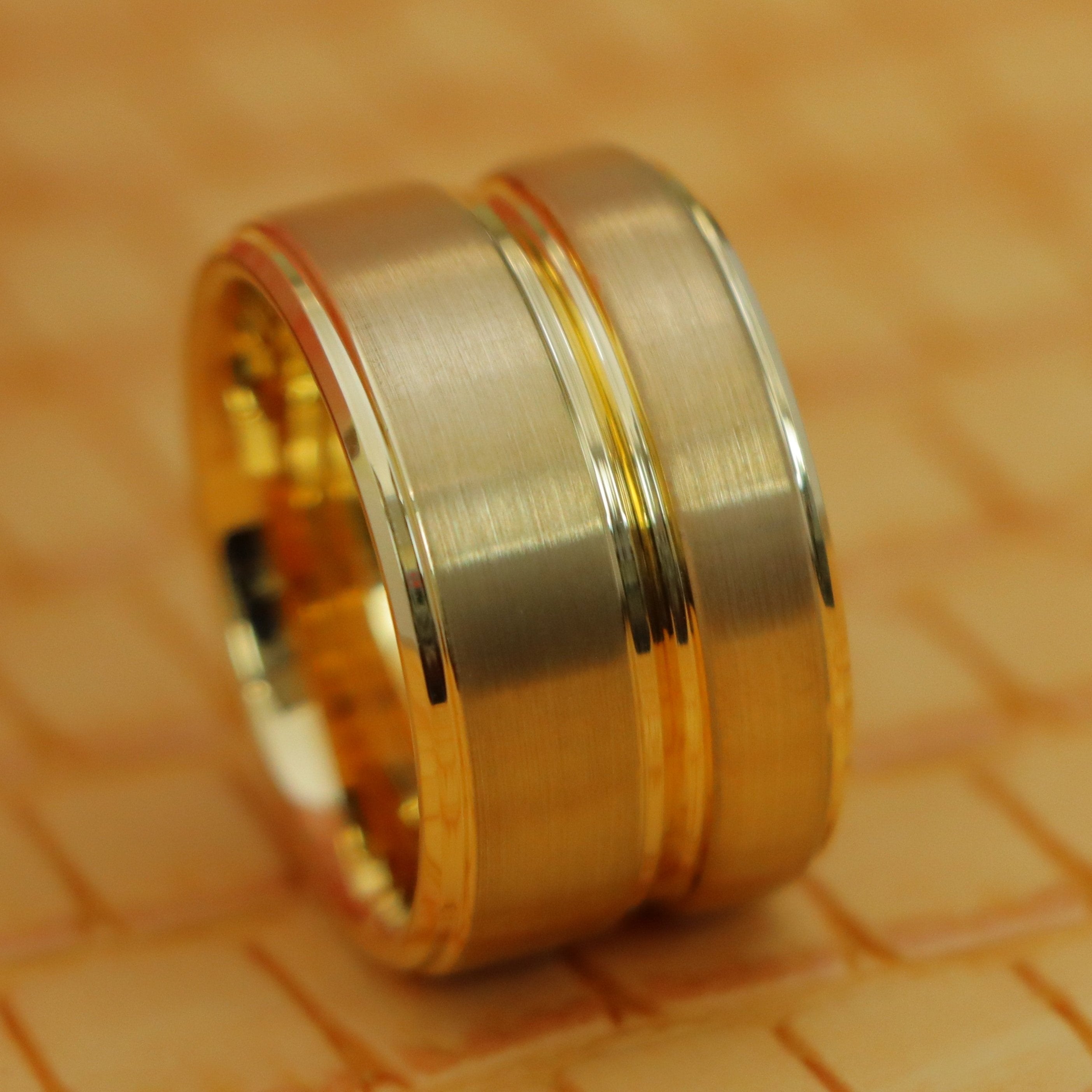 Yellow Gold IP Plated Flat Brushed Center with High Polish Stepped Edge Tungsten Ring