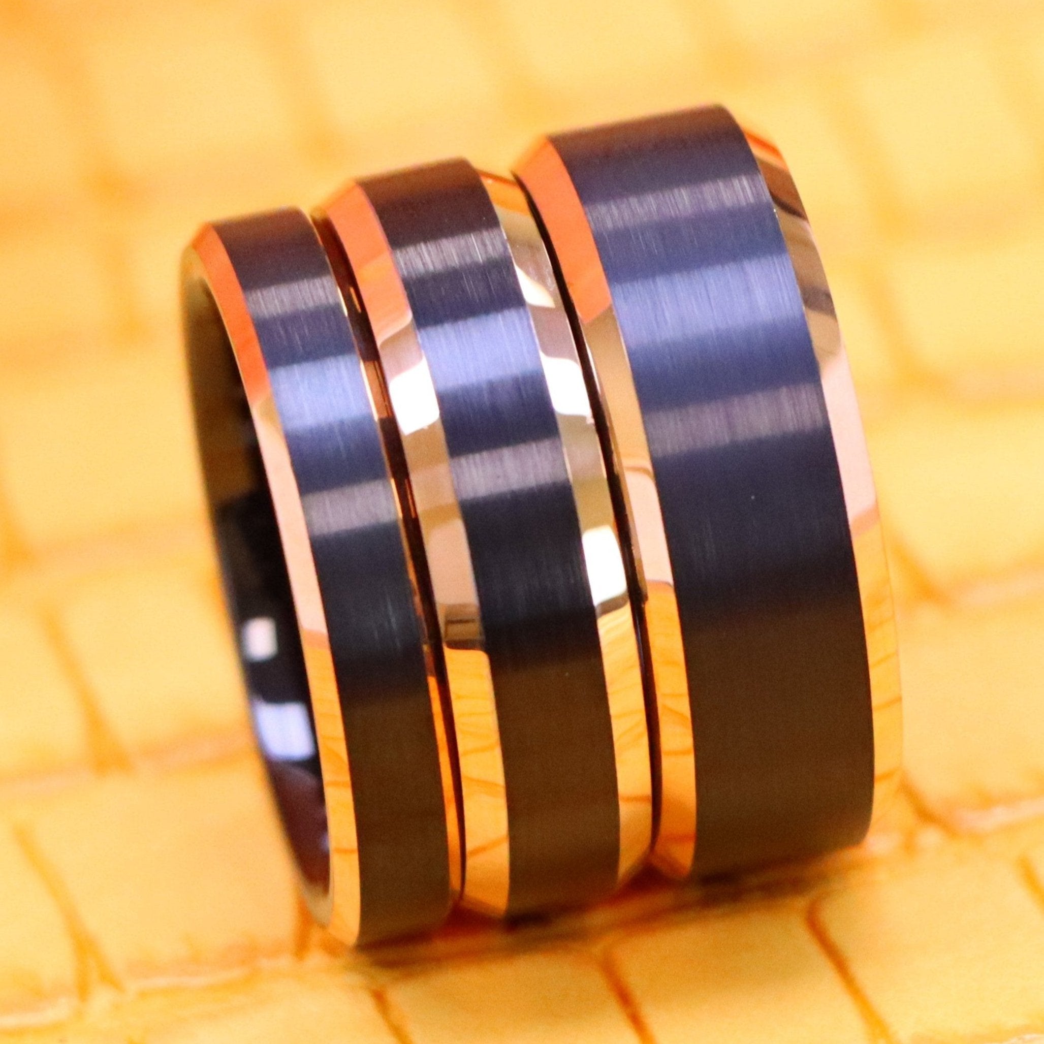 Two-Tone Black & Rose Gold IP Brushed Center Shiny Beveled Edge Tungsten Ring - Men's Fashion Jewelry