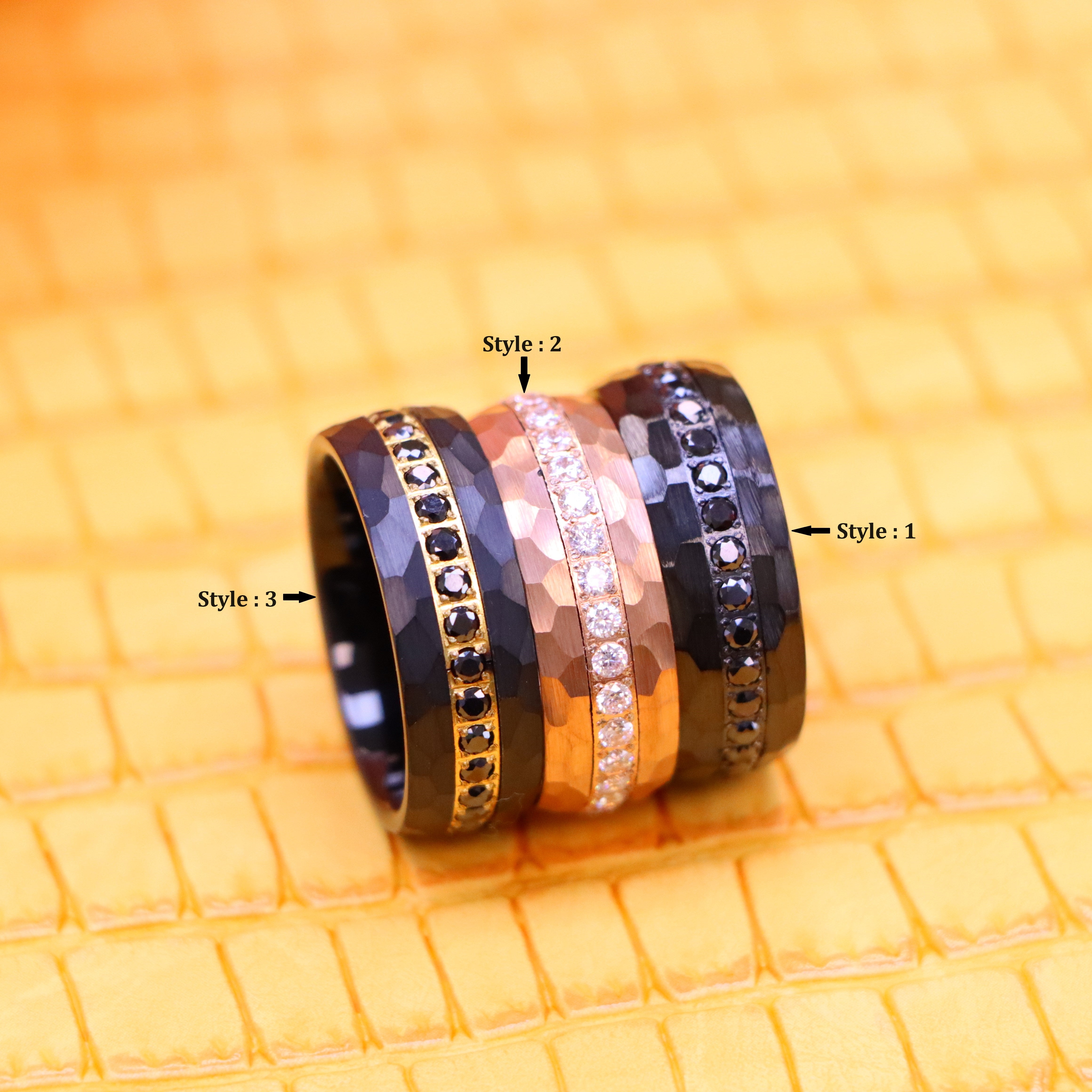 8mm Hammered Black IP Plated / Rose Gold IP Plated Prong-set Round-cut Black CZ Eternity Tungsten Ring