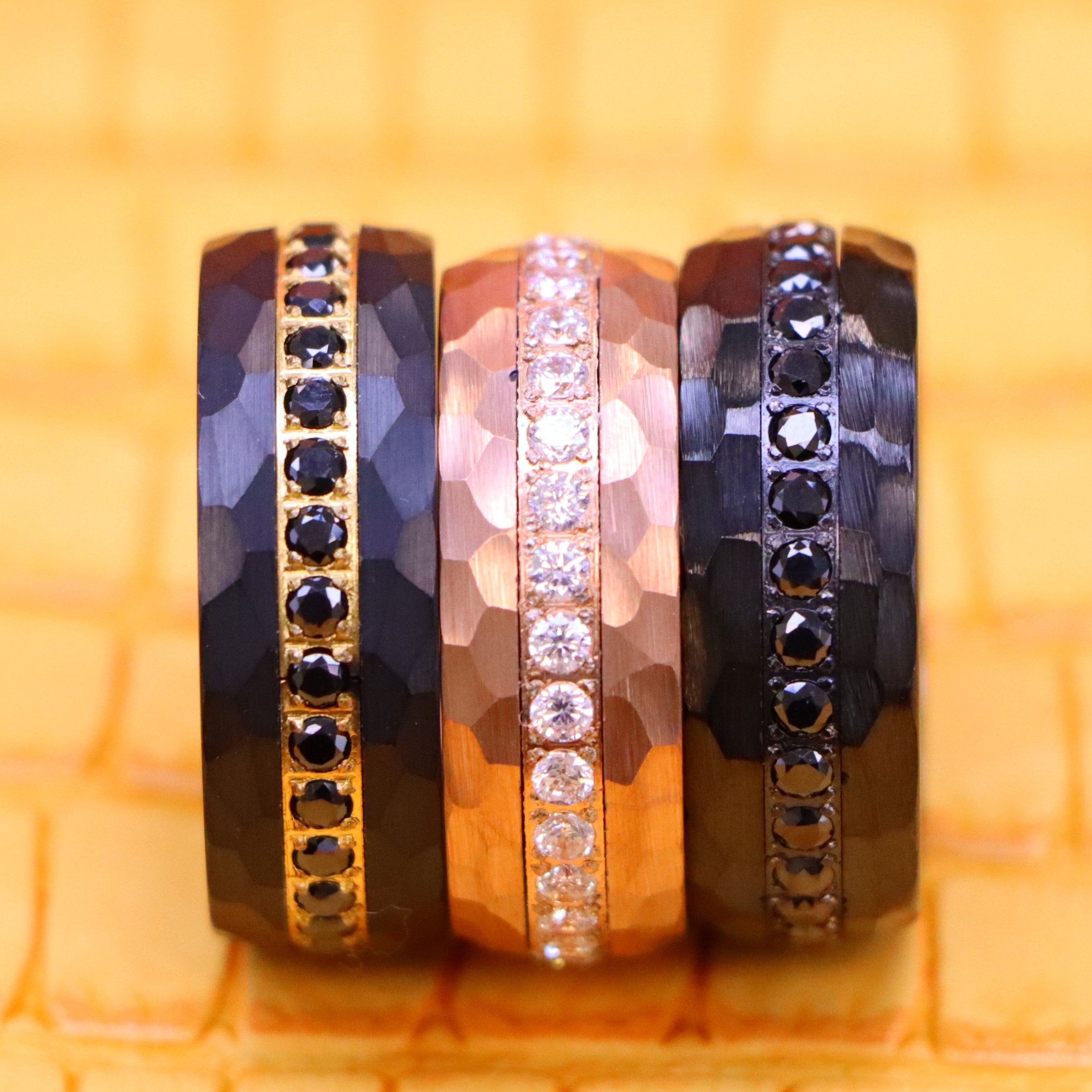 8mm Hammered Black IP Plated / Rose Gold IP Plated Prong-set Round-cut Black CZ Eternity Tungsten Ring