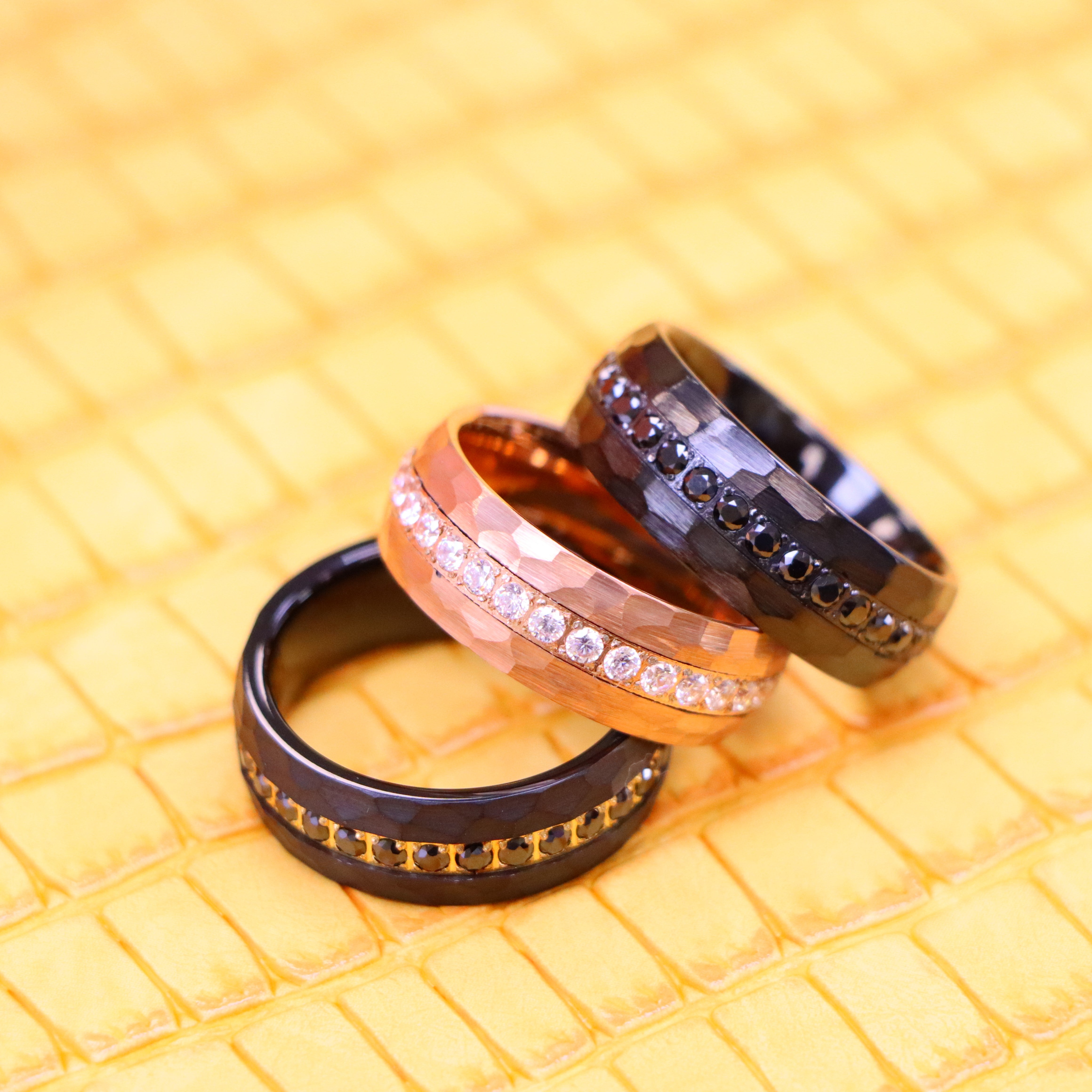 8mm Hammered Black IP Plated / Rose Gold IP Plated Prong-set Round-cut Black CZ Eternity Tungsten Ring