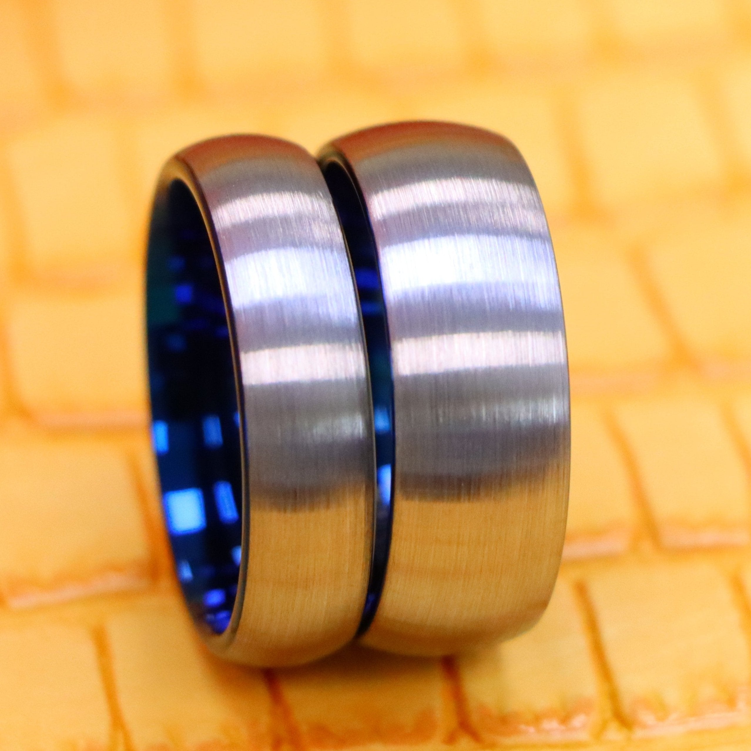 Domed Blue IP Plated Inside &amp; Gun Metal Brushed Center Tungsten Ring