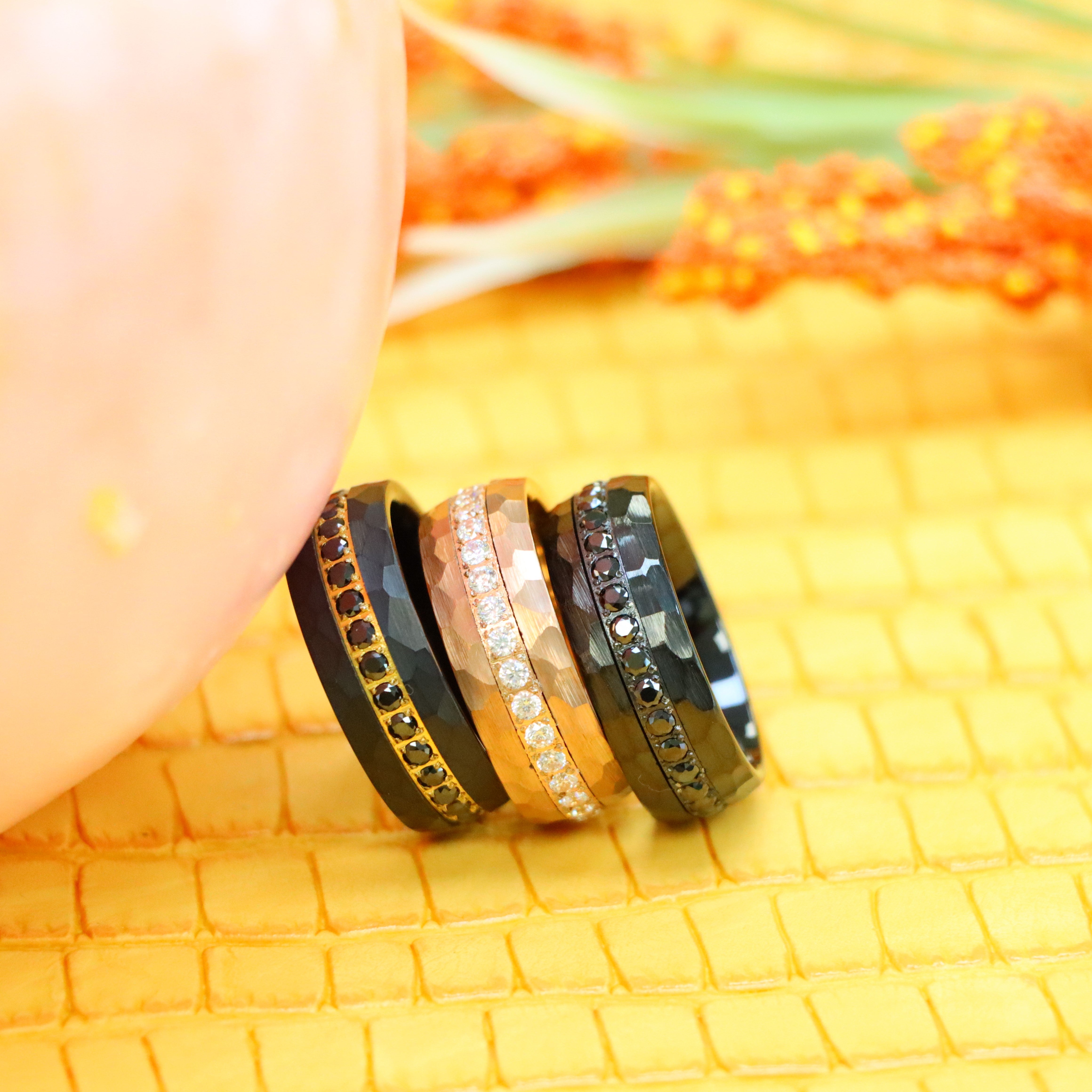 8mm Hammered Black IP Plated / Rose Gold IP Plated Prong-set Round-cut Black CZ Eternity Tungsten Ring