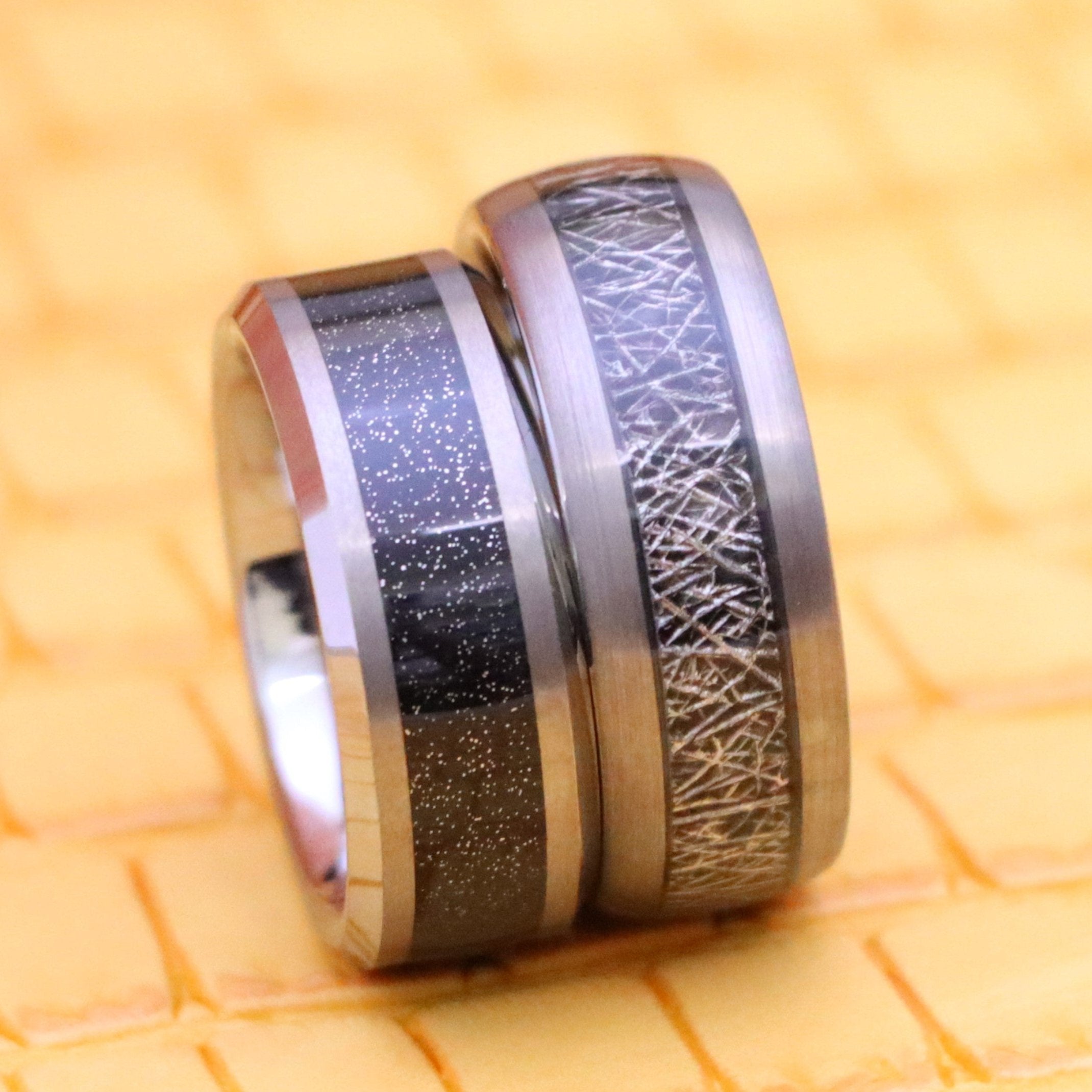 8mm Shiny Tungsten Ring with Beveled Edge and Black Sandstone Carbon Fiber Inlay/Meteorite Inlay