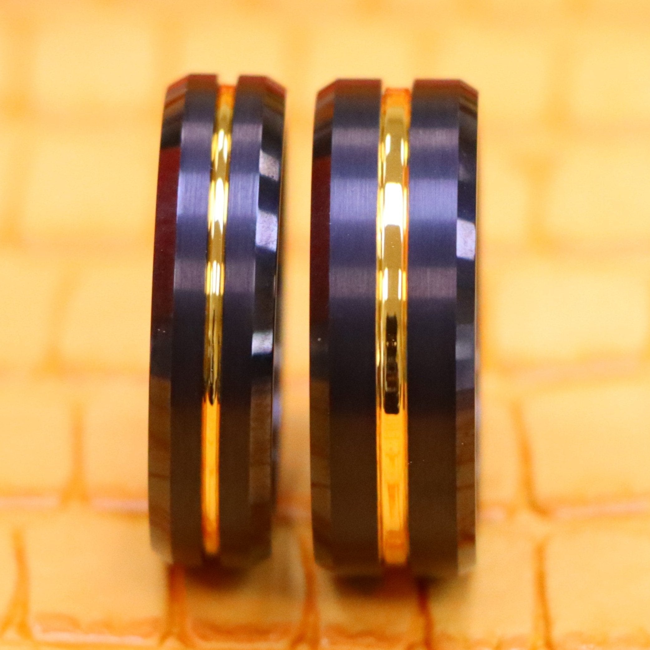 Black IP Brushed with Yellow Gold IP Grooved Center Beveled Edge 8mm/6mm Tungsten Ring