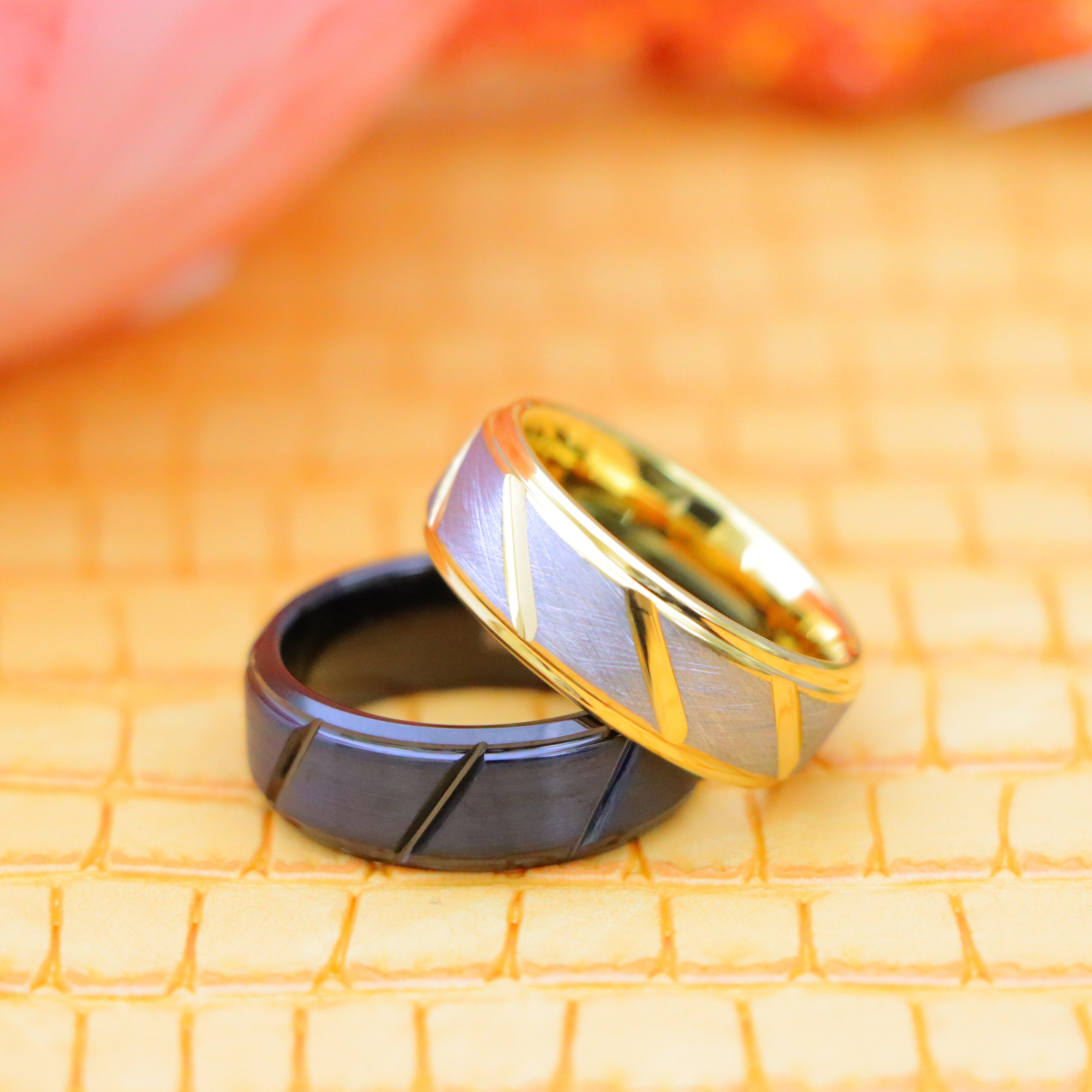 8mm Black IP Plated Multiple Diagonal Grooves Brushed Center/Two-tone Gray & Yellow IP Plated Notched Tungsten Ring