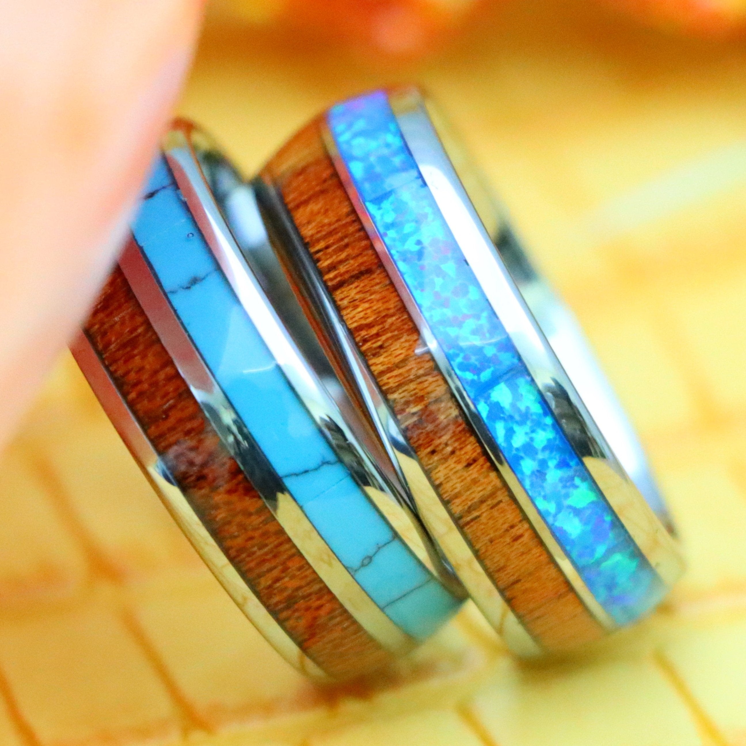 8mm Koa Wood &amp; Synthetic Opal/Turquoise Inlay Domed Tungsten Ring