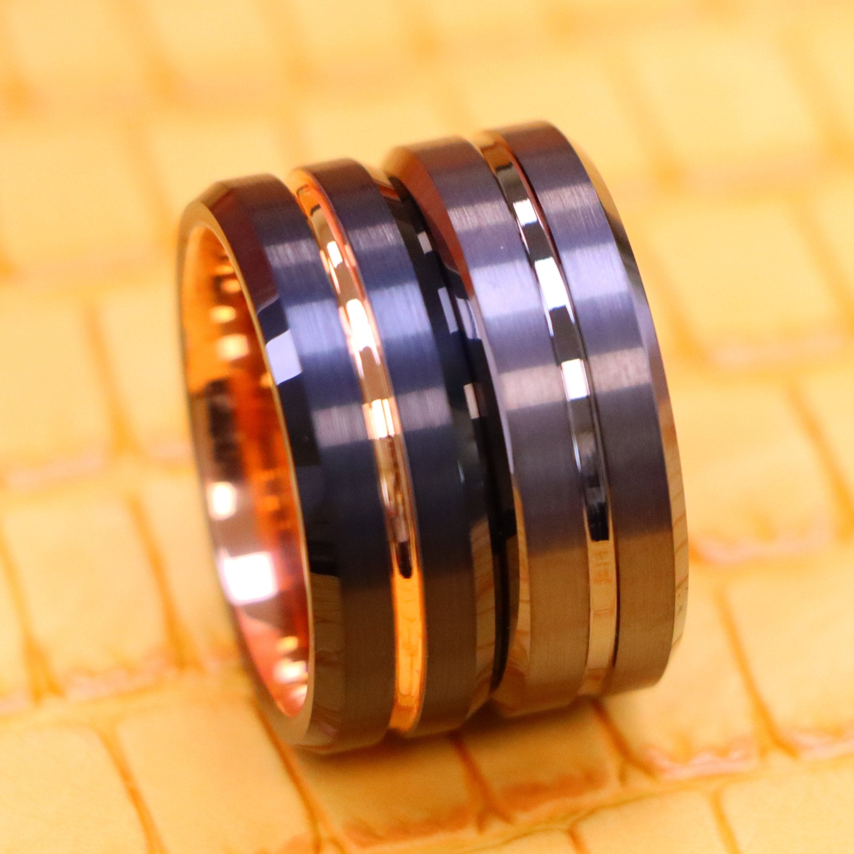 8mm Black Ring Rose Gold Plated Inside &amp; Grooved Center/Gun Metal IP Plated Grooved Tungsten Ring