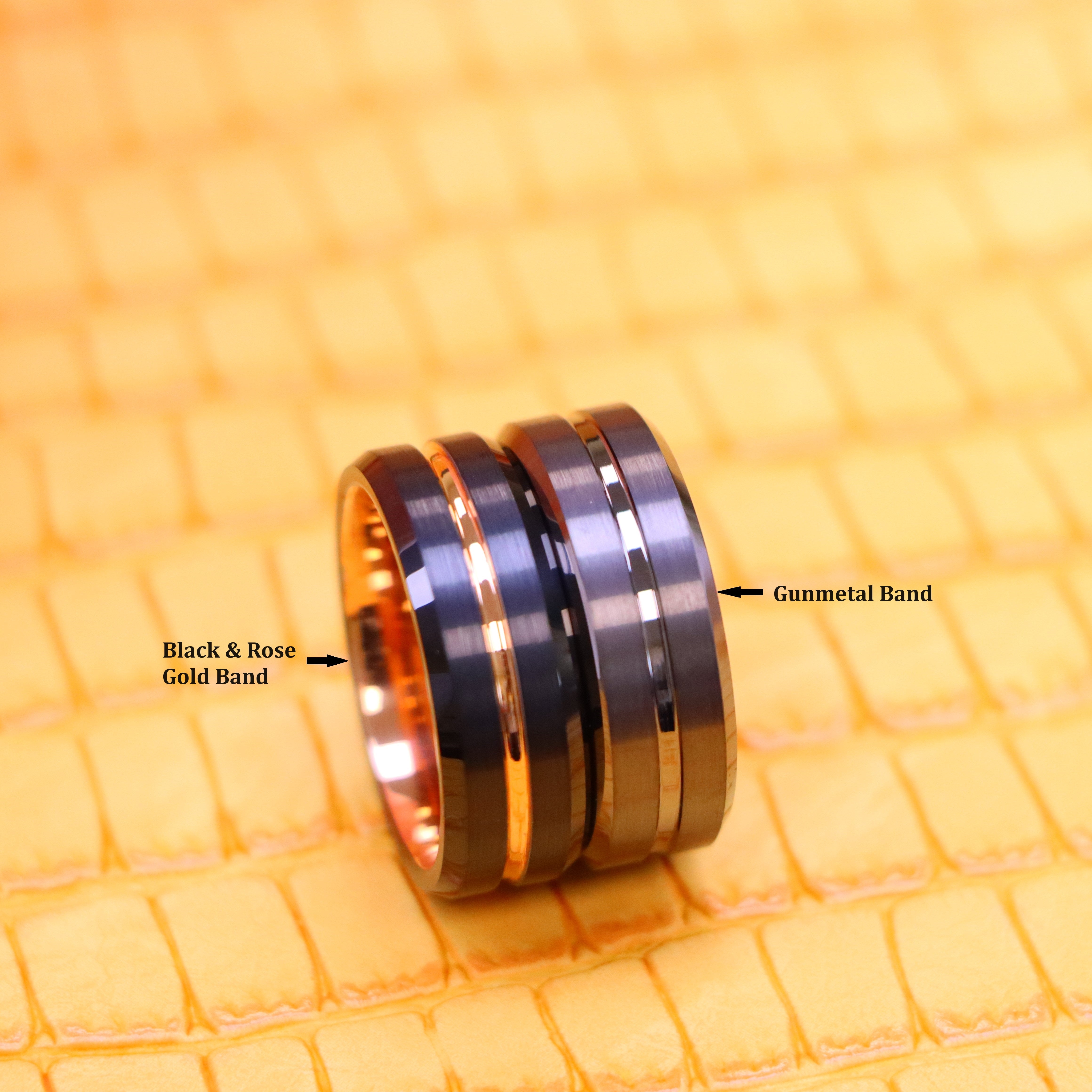 8mm Black Ring Rose Gold Plated Inside &amp; Grooved Center/Gun Metal IP Plated Grooved Tungsten Ring