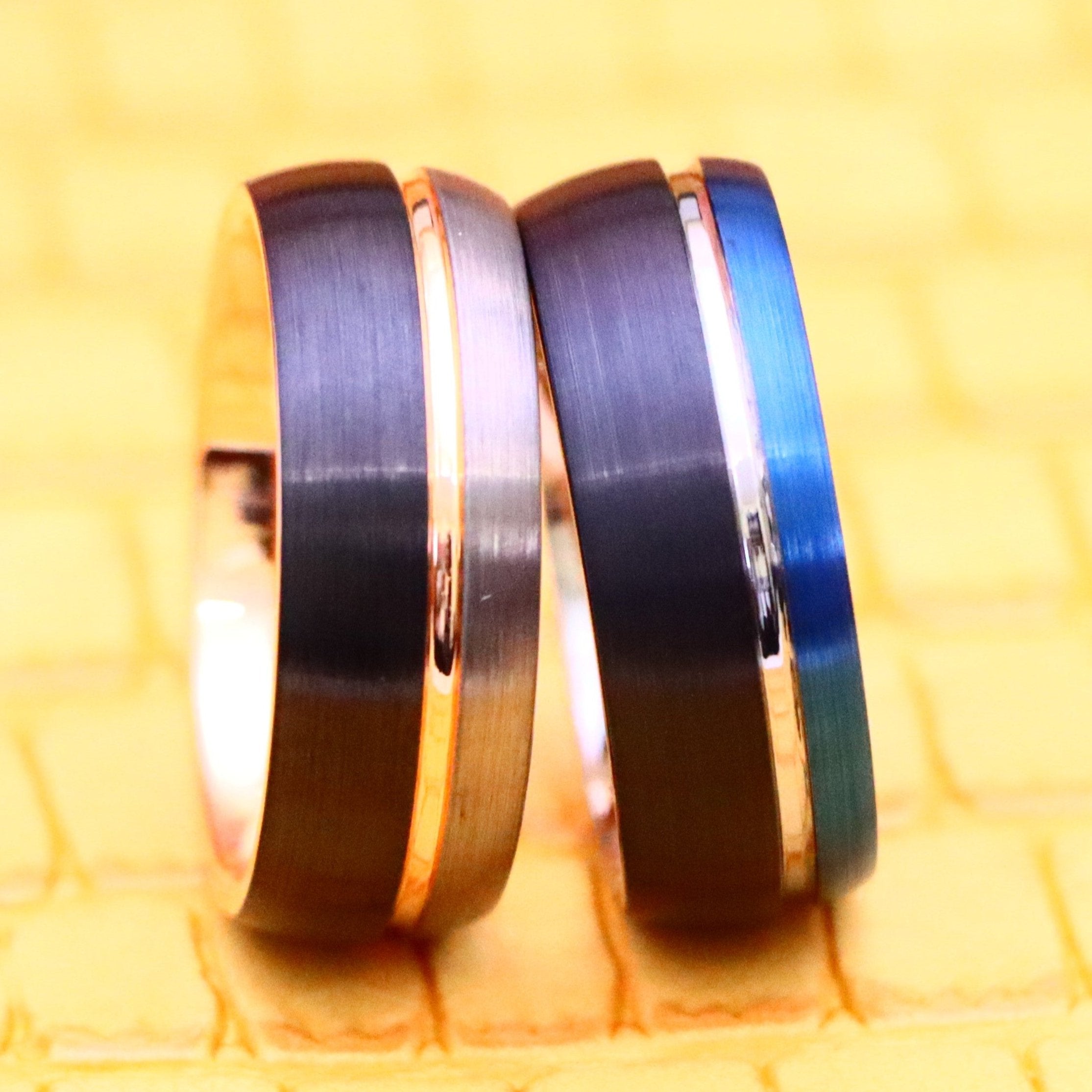 8mm Three-tone Natural, Rose Gold &amp; Black IP Plated/Blue &amp; Black IP Plated Groove Tungsten Ring