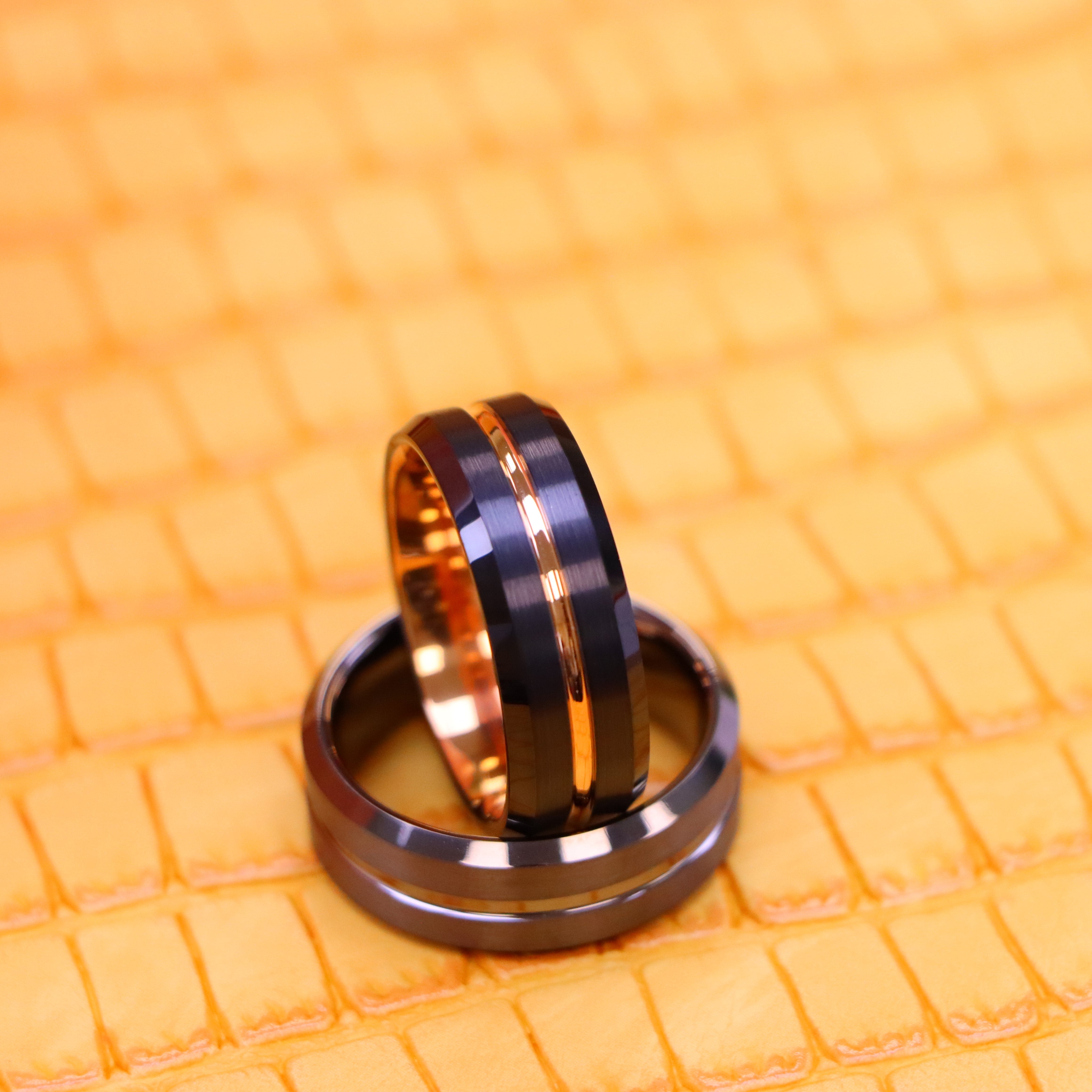 8mm Black Ring Rose Gold Plated Inside &amp; Grooved Center/Gun Metal IP Plated Grooved Tungsten Ring