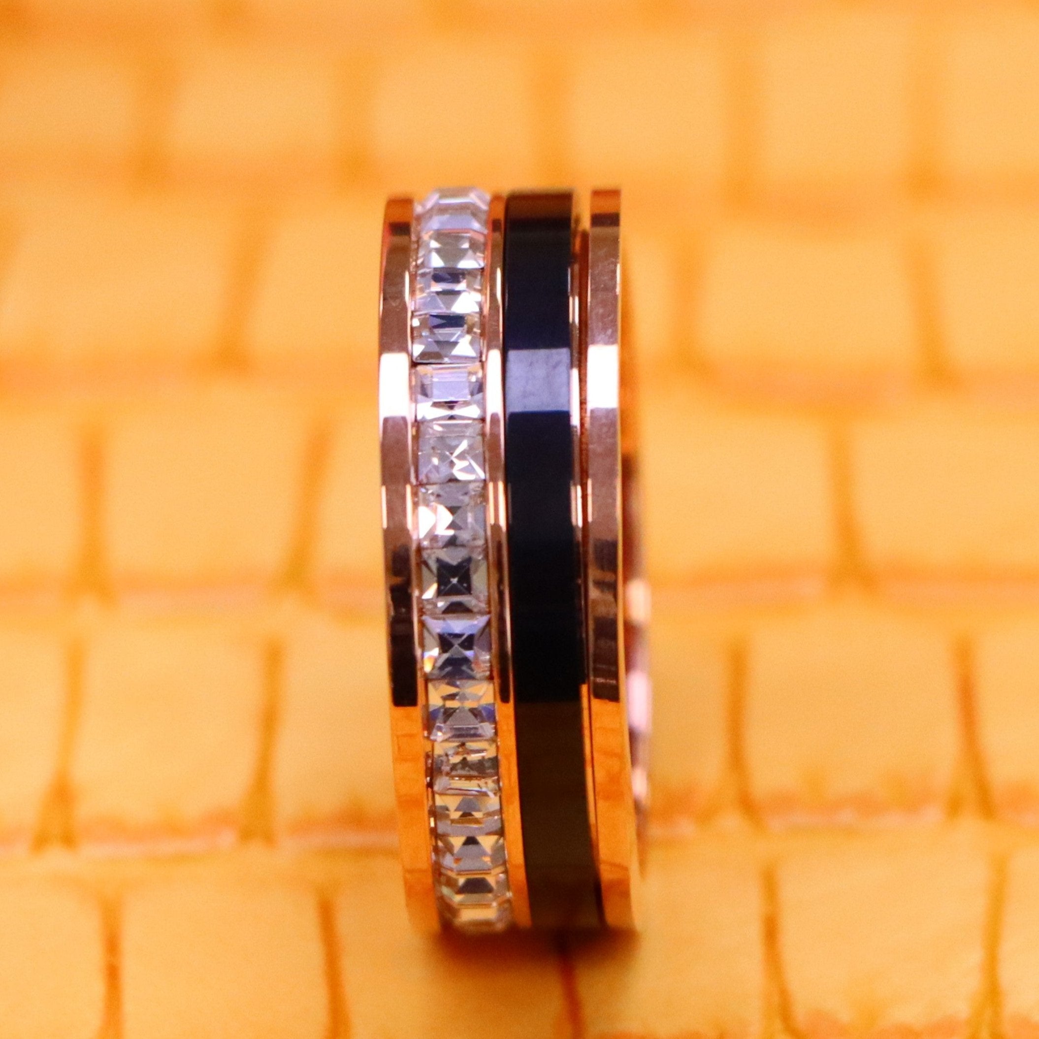 7mm Rose Gold &amp; Black IP Plated Titanium Spinner Princess cut Eternity CZ Titanium Ring