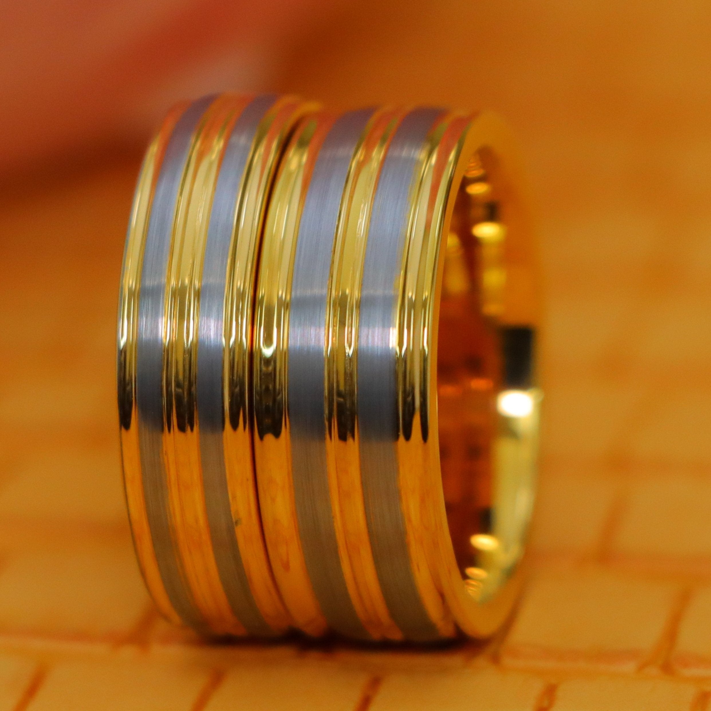 Yellow Gold IP Plated Pinstripe &amp; Gun Metal Finish Low Beveled Edge Tungsten Ring