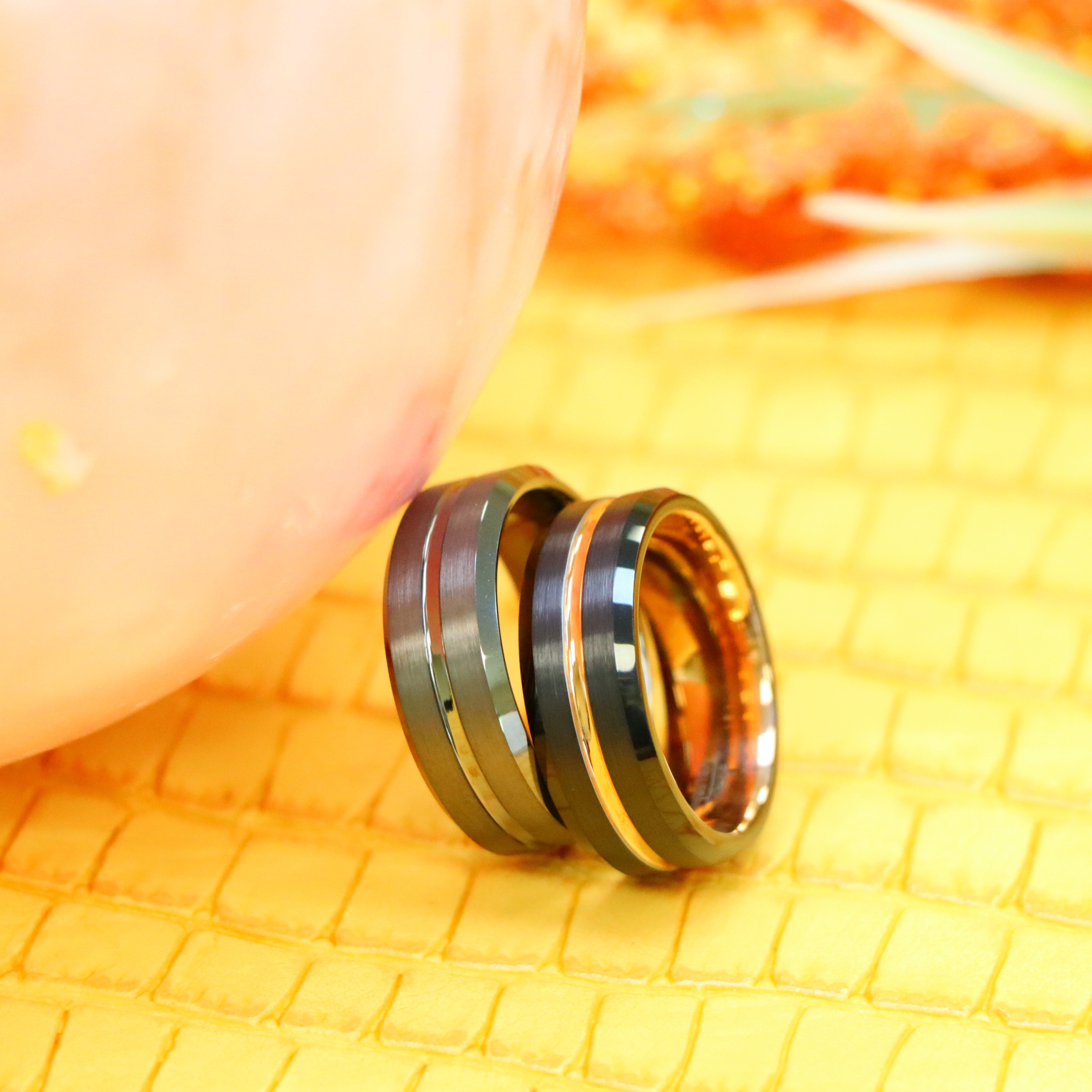 8mm Black Ring Rose Gold Plated Inside &amp; Grooved Center/Gun Metal IP Plated Grooved Tungsten Ring