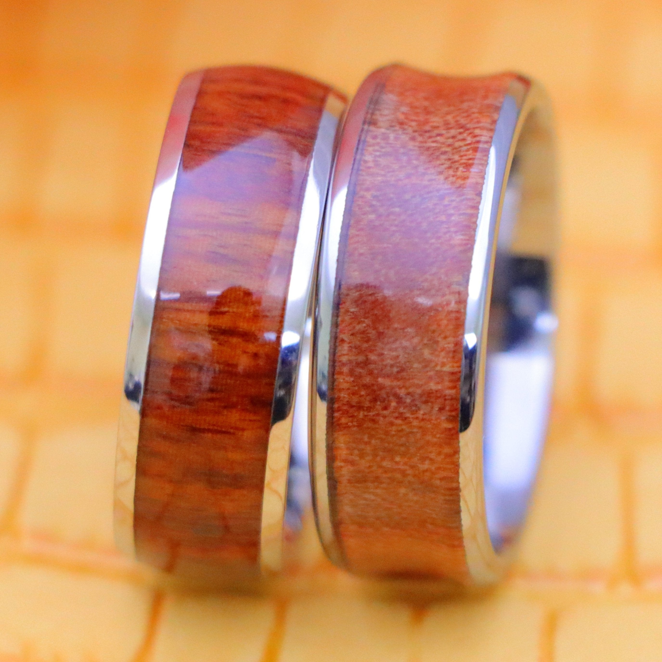 8mm Titanium Ring High Polished Domed with Rosewood, Concave Ring with Natural Rosewood Inlay Tungsten Ring