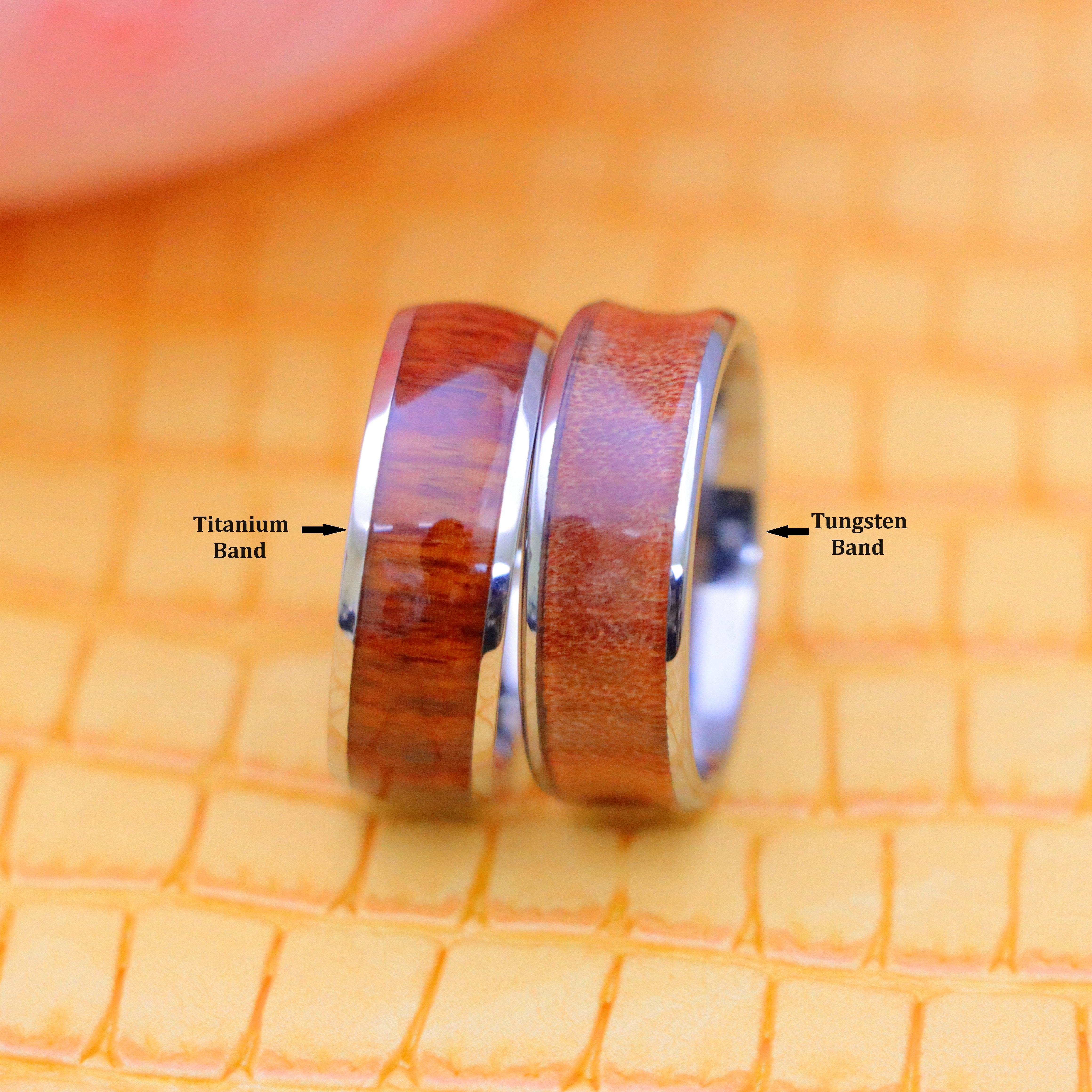 8mm Titanium Ring High Polished Domed with Rosewood, Concave Ring with Natural Rosewood Inlay Tungsten Ring