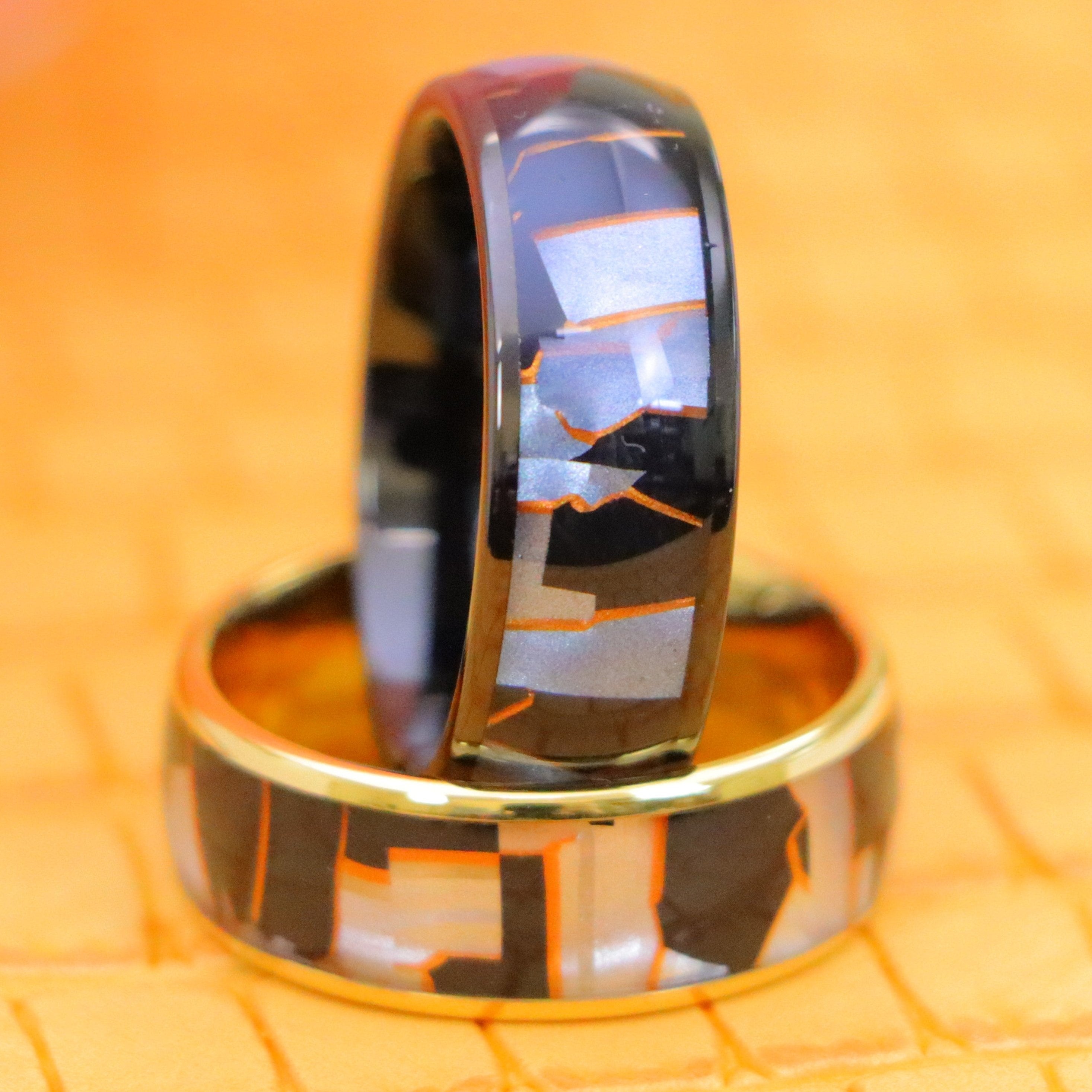 8mm Yellow IP Plated/Black IP Plated Capiz, Black Resin &amp; Gold Shavings Inlay Tungsten Ring