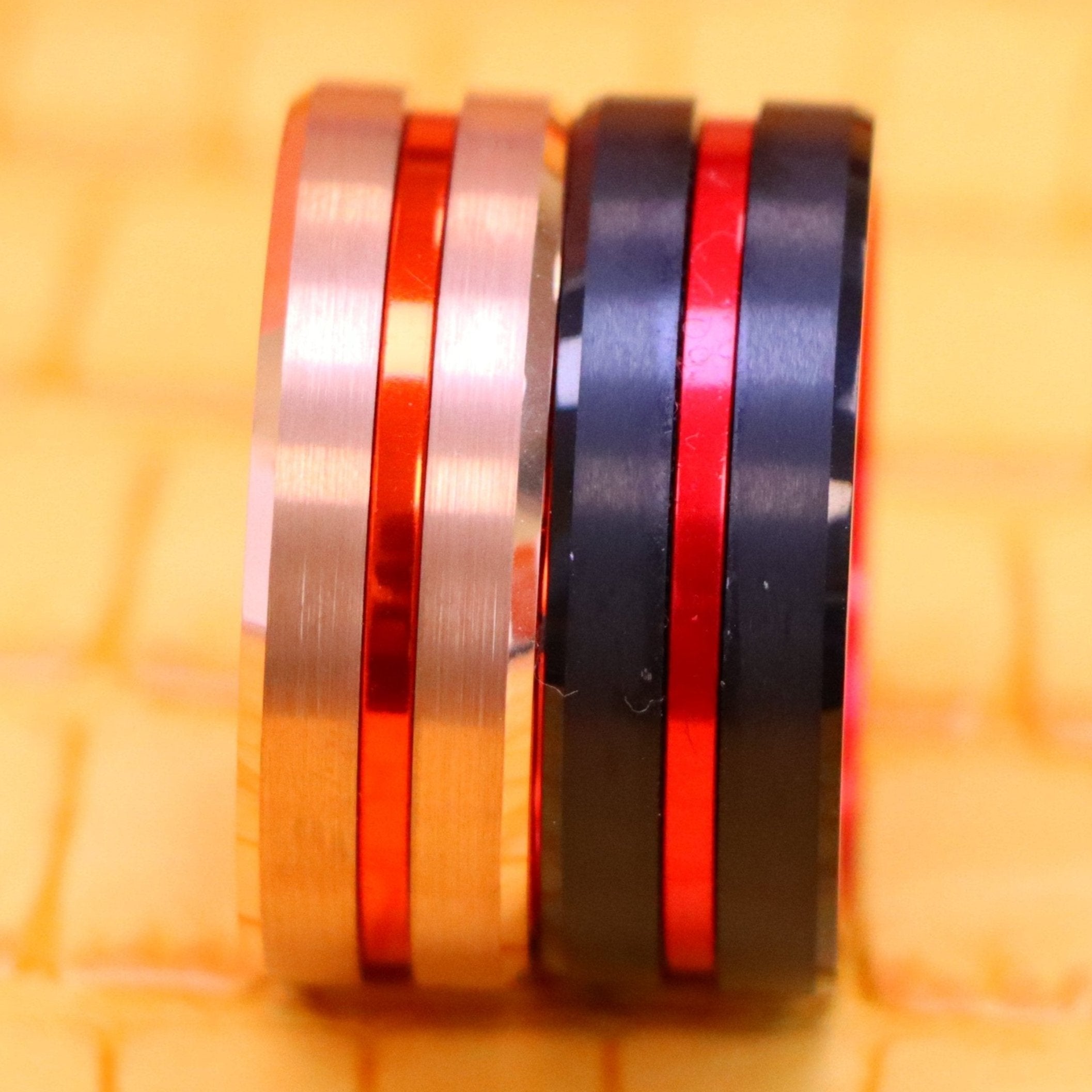 8mm Rose Gold Plated / Black Plated Tungsten Ring with Grooved Center and RED Anodized Aluminum Sleeve