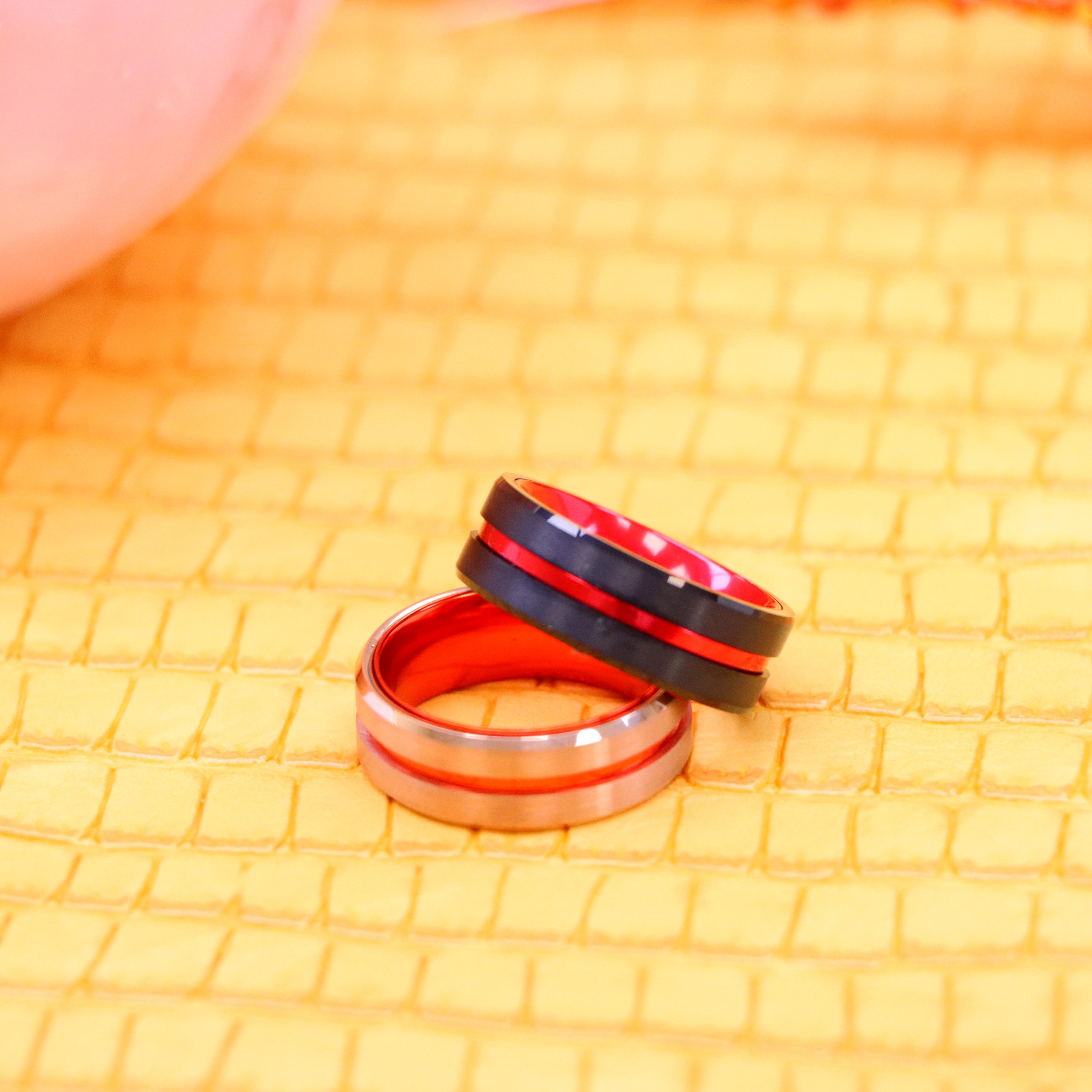 8mm Rose Gold Plated / Black Plated Tungsten Ring with Grooved Center and RED Anodized Aluminum Sleeve