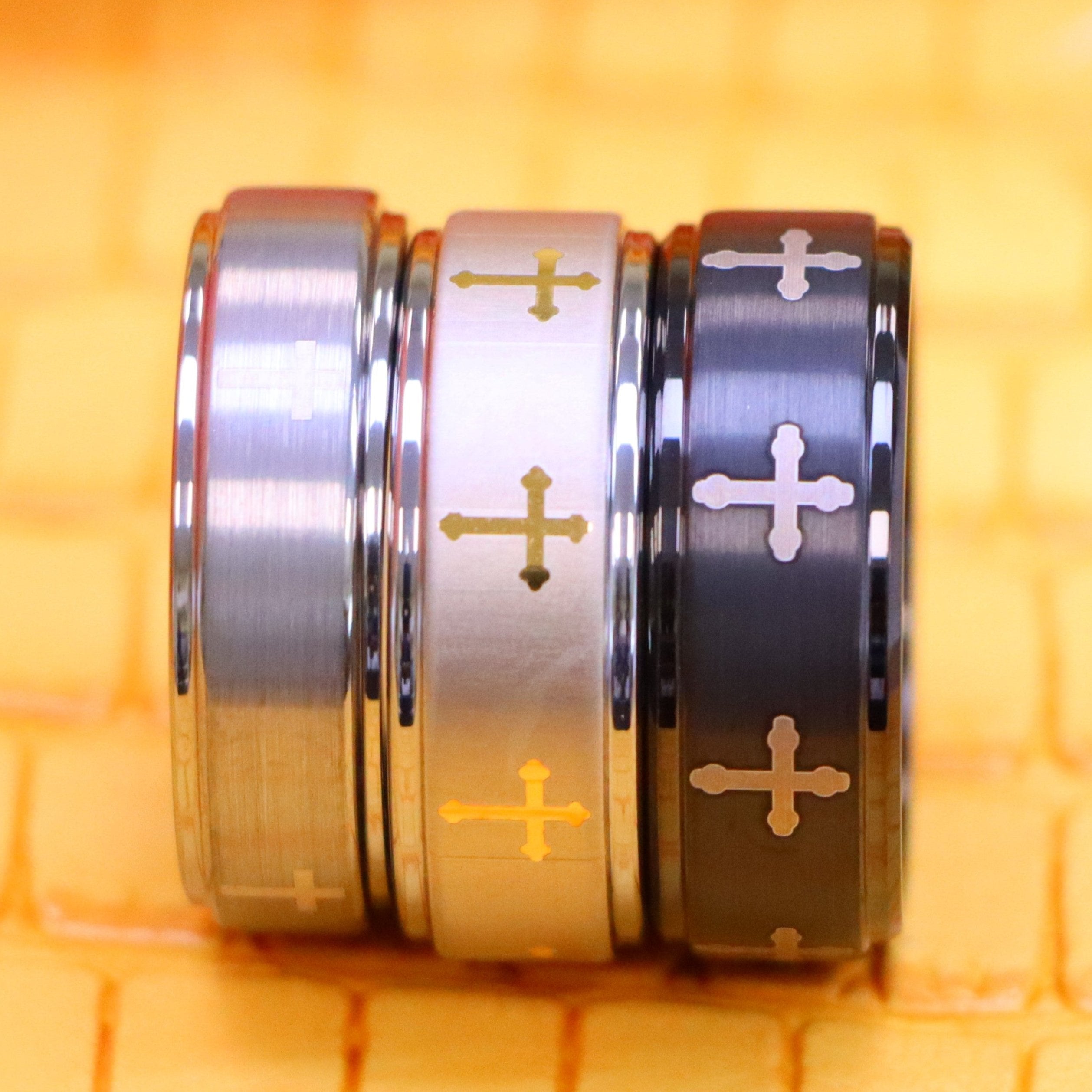 Flat Brushed Center Laser Engraved Crosses Tungsten Ring