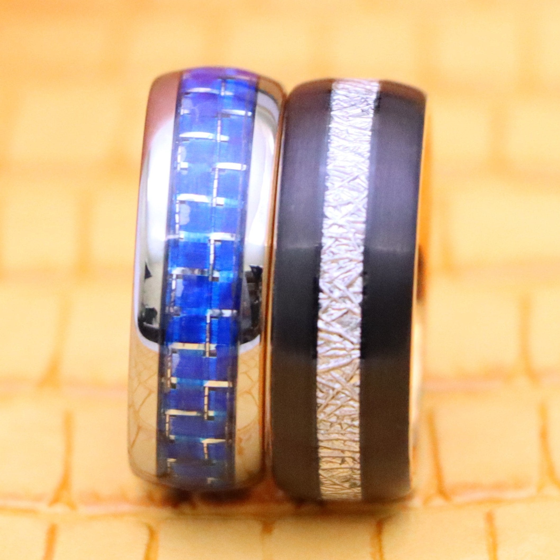 8mm High Polish Blue Carbon Fiber Inlay/Rose Gold IP Plated Inside &amp; Black IP Plated Imitation Meteorite Inlay Tungsten Ring