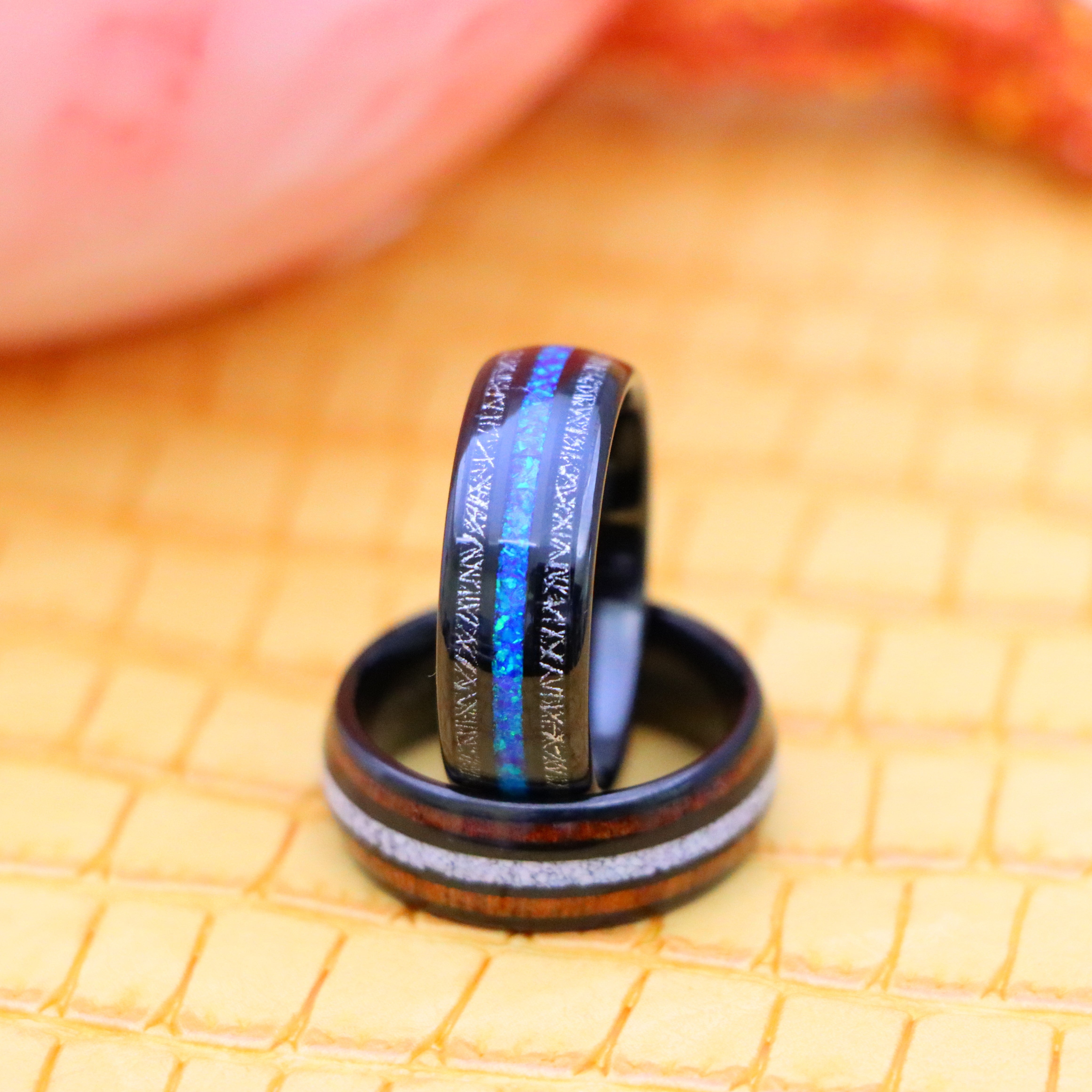 8mm Black IP Plated Koa &amp; Crushed White Turquoise Inlay / Titanium Scraps &amp; Opal Inlay Tungsten Ring