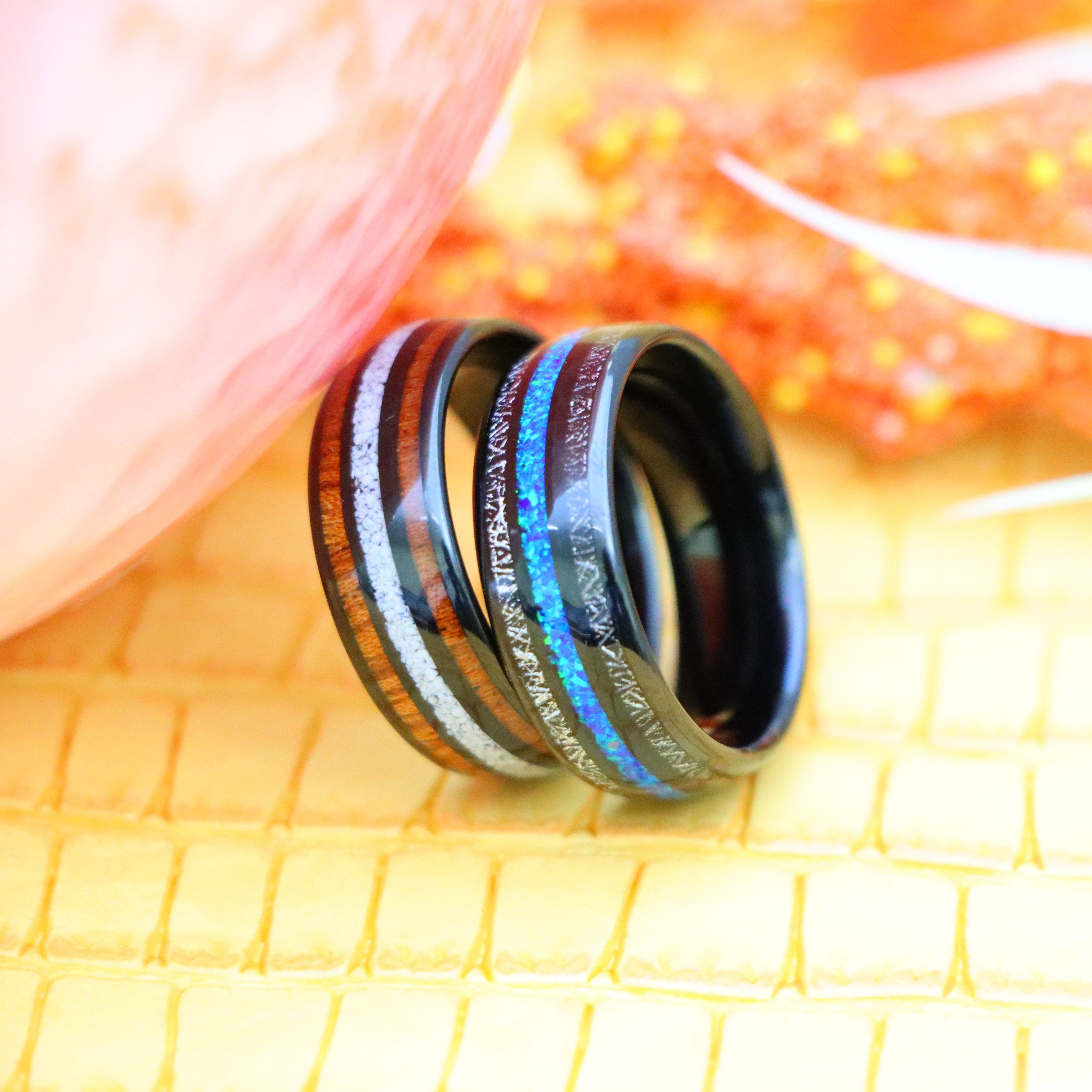 8mm Black IP Plated Koa &amp; Crushed White Turquoise Inlay / Titanium Scraps &amp; Opal Inlay Tungsten Ring