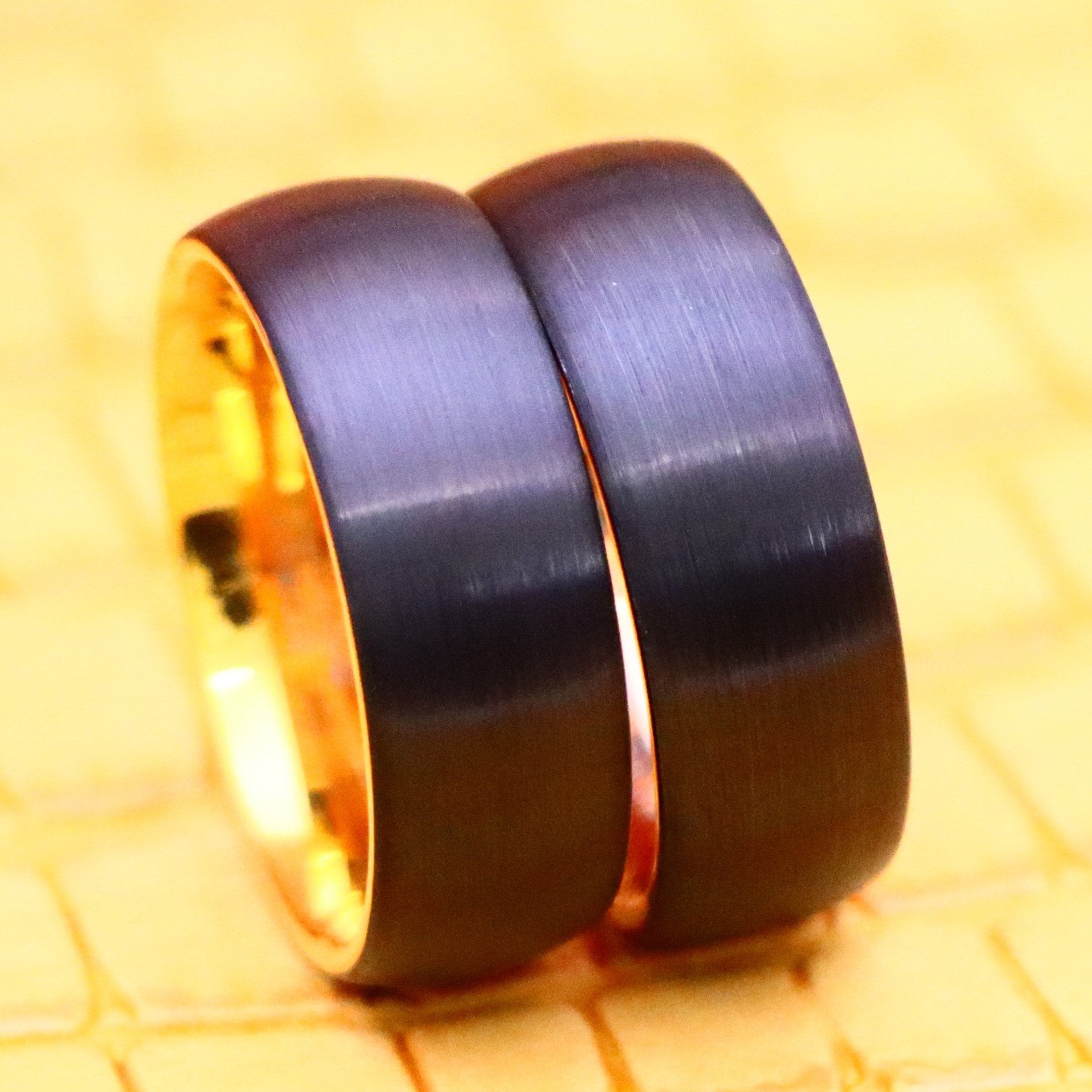 Domed Yellow Gold IP Plated Inside &amp; Black IP Plated Brushed Center Tungsten Ring