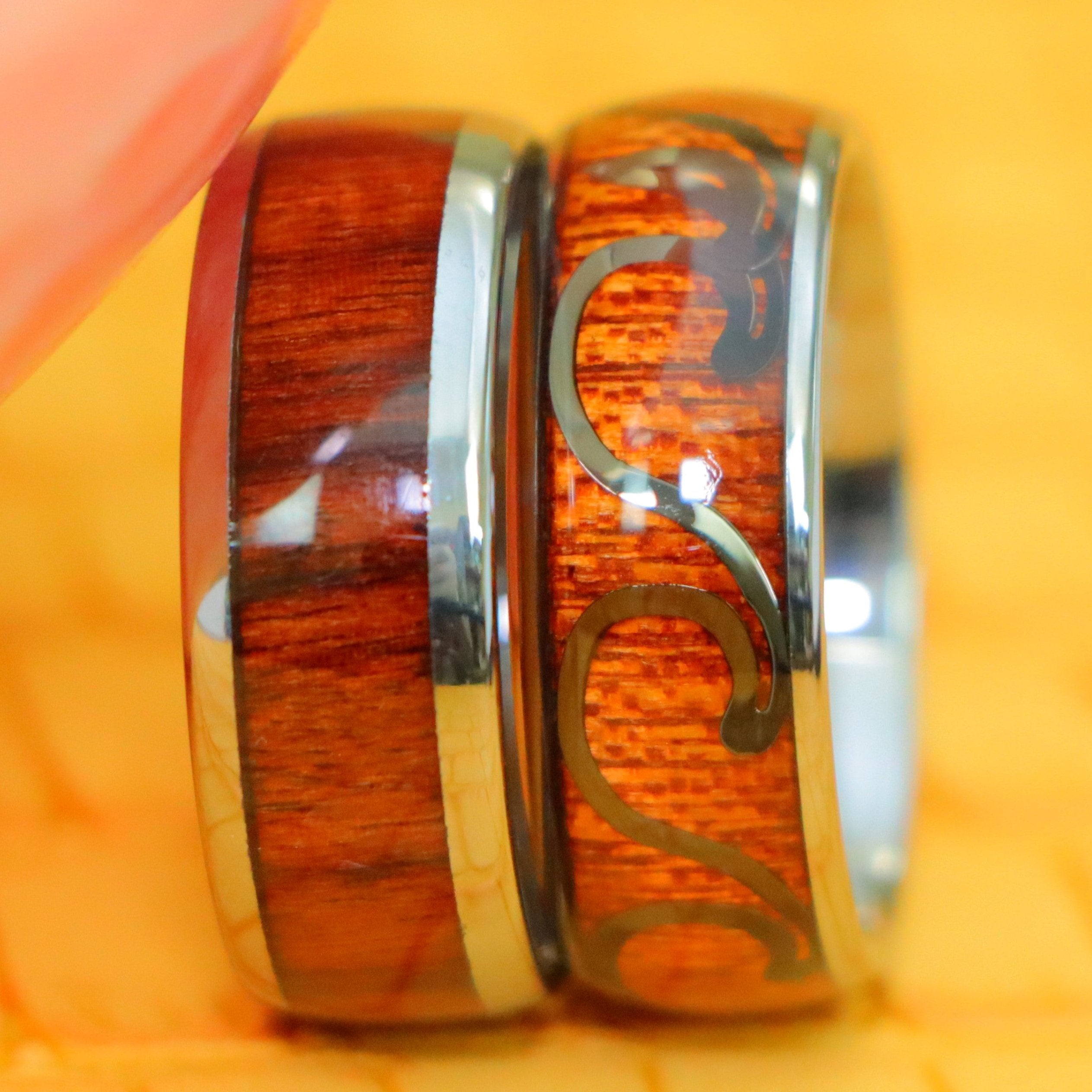 8mm High Polished Domed with Rosewood/Hawaiian Koa Wood Inlay Tungsten Ring