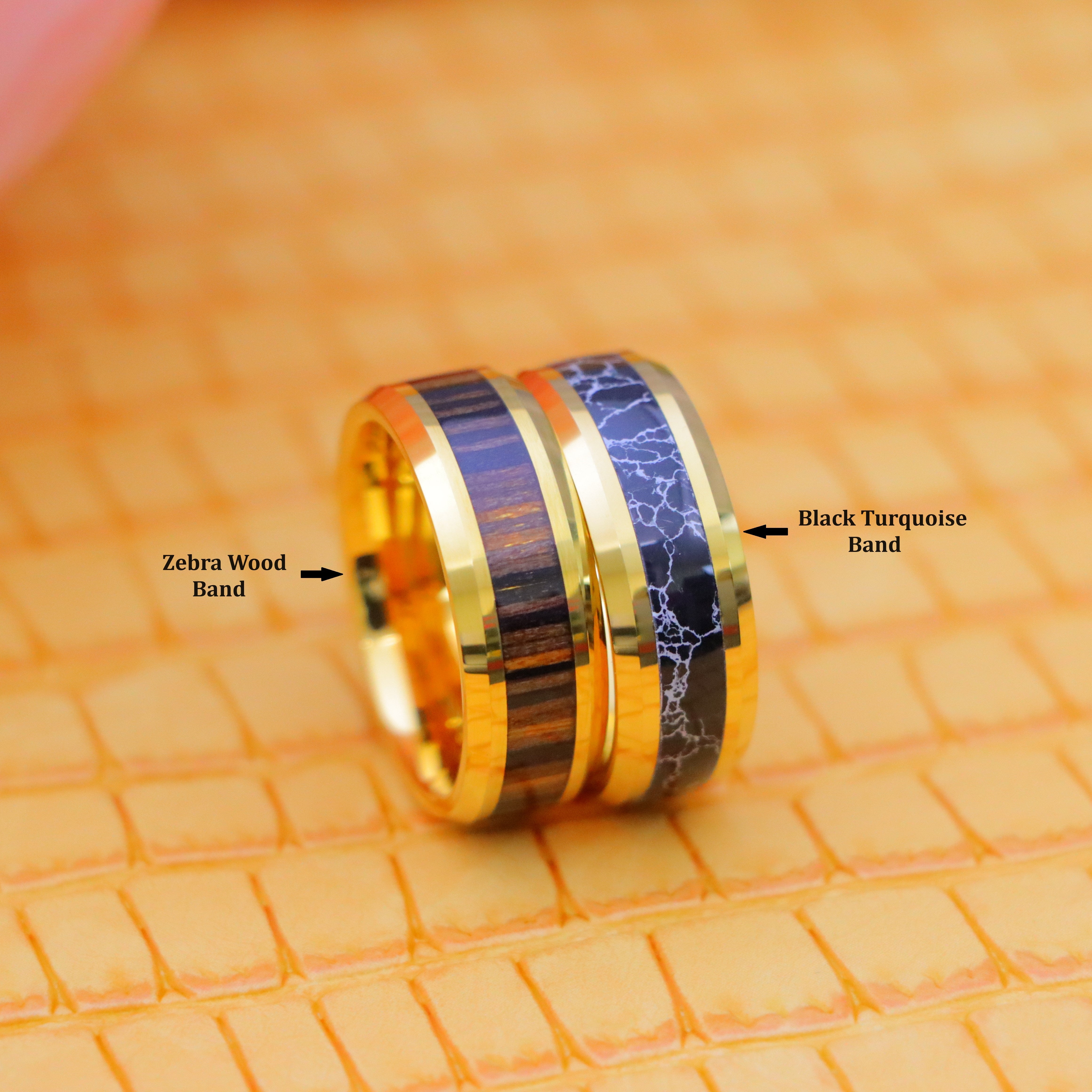 8mm Yellow Gold IP with Synthetic Black Turquoise Inlay/Zebra Wood Inlay Beveled Edge Tungsten Ring