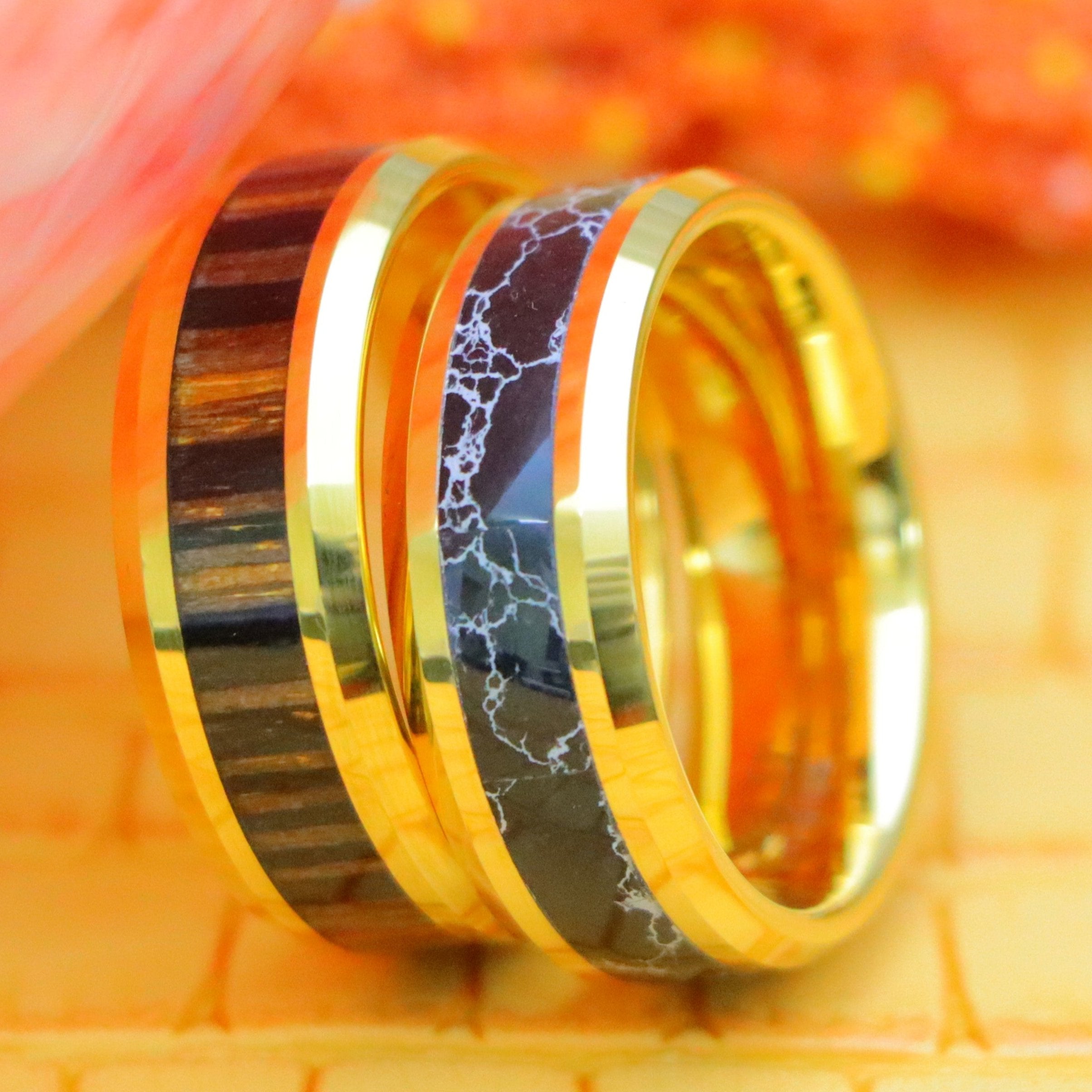 8mm Yellow Gold IP with Synthetic Black Turquoise Inlay/Zebra Wood Inlay Beveled Edge Tungsten Ring