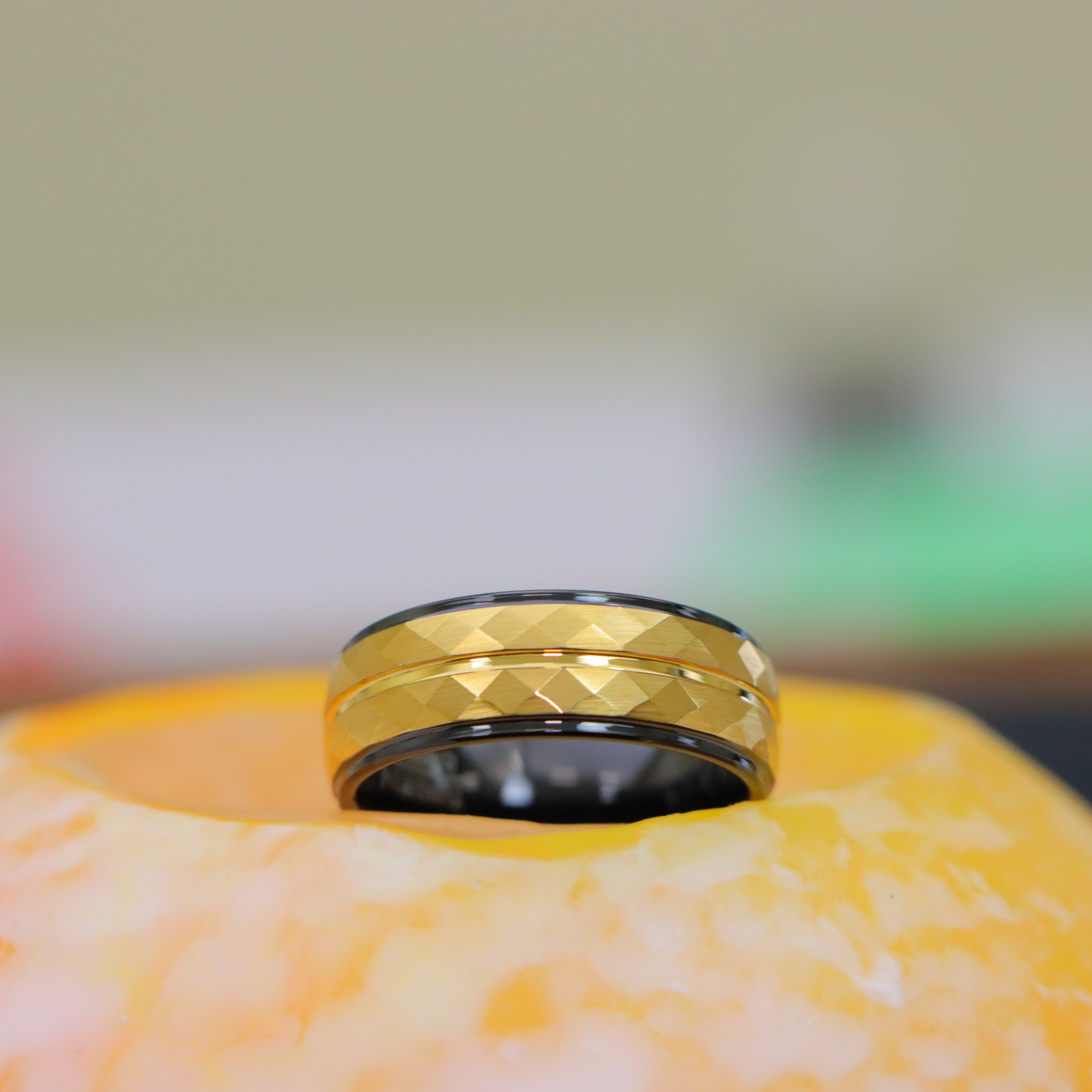 8mm Two-Tone Black IP Inside &amp; Yellow Gold IP Hammered Finish Tungsten Ring