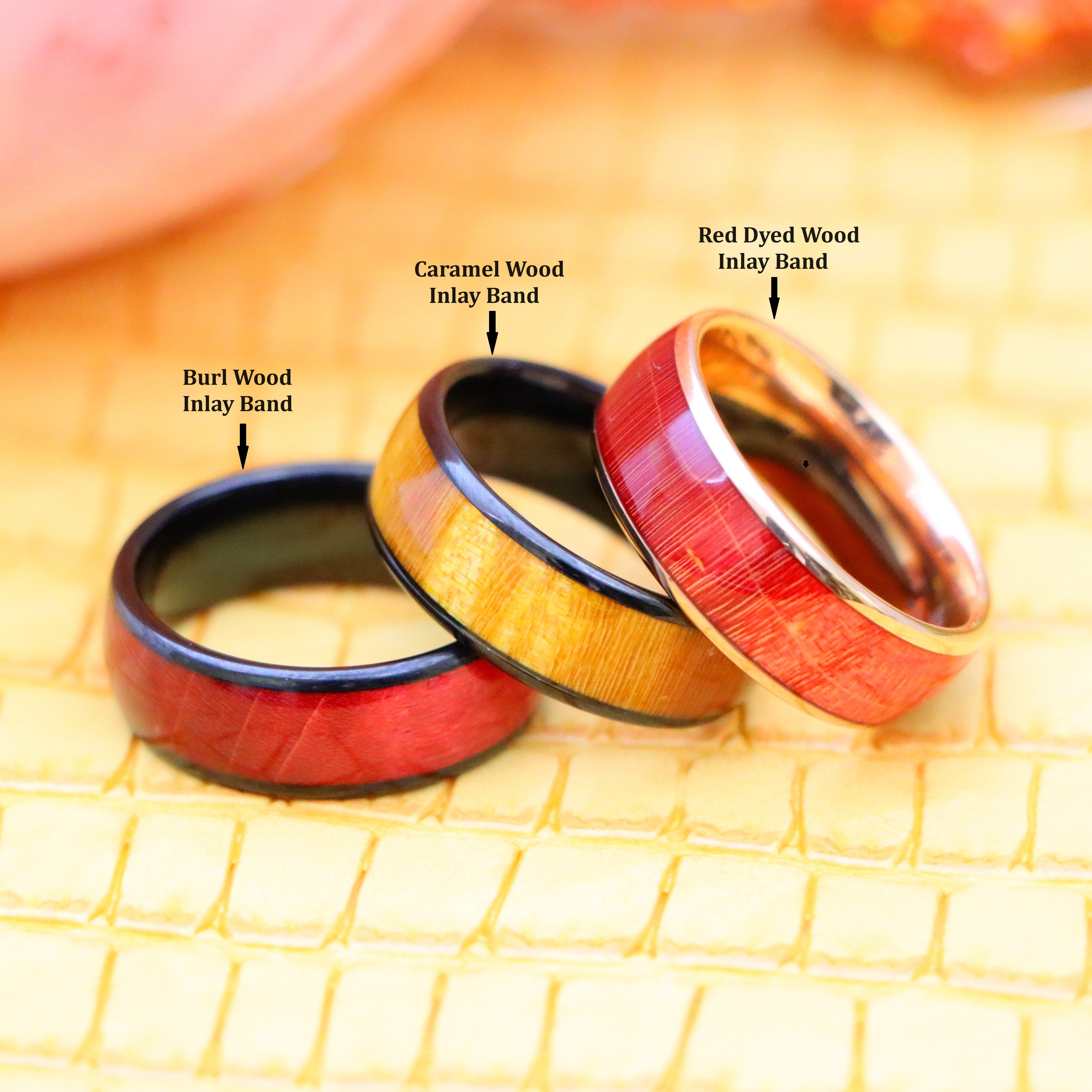 8mm Rose Gold IP Plated/Black IP Plated Stabilized Burl Wood Inlay / Dyed Salmon Stain/Caramel Fawn Stain Solidified Wood Tungsten Ring