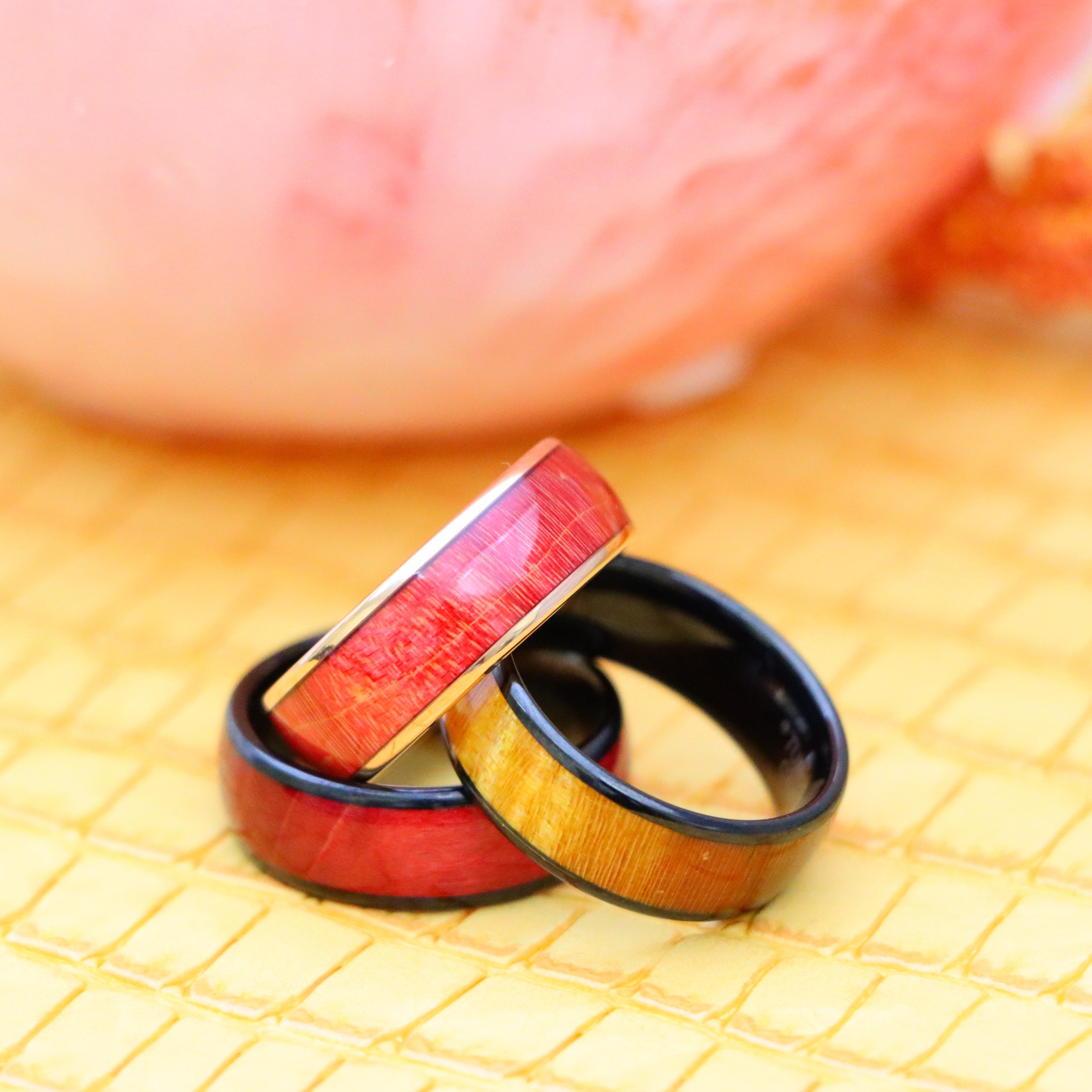 8mm Rose Gold IP Plated/Black IP Plated Stabilized Burl Wood Inlay / Dyed Salmon Stain/Caramel Fawn Stain Solidified Wood Tungsten Ring