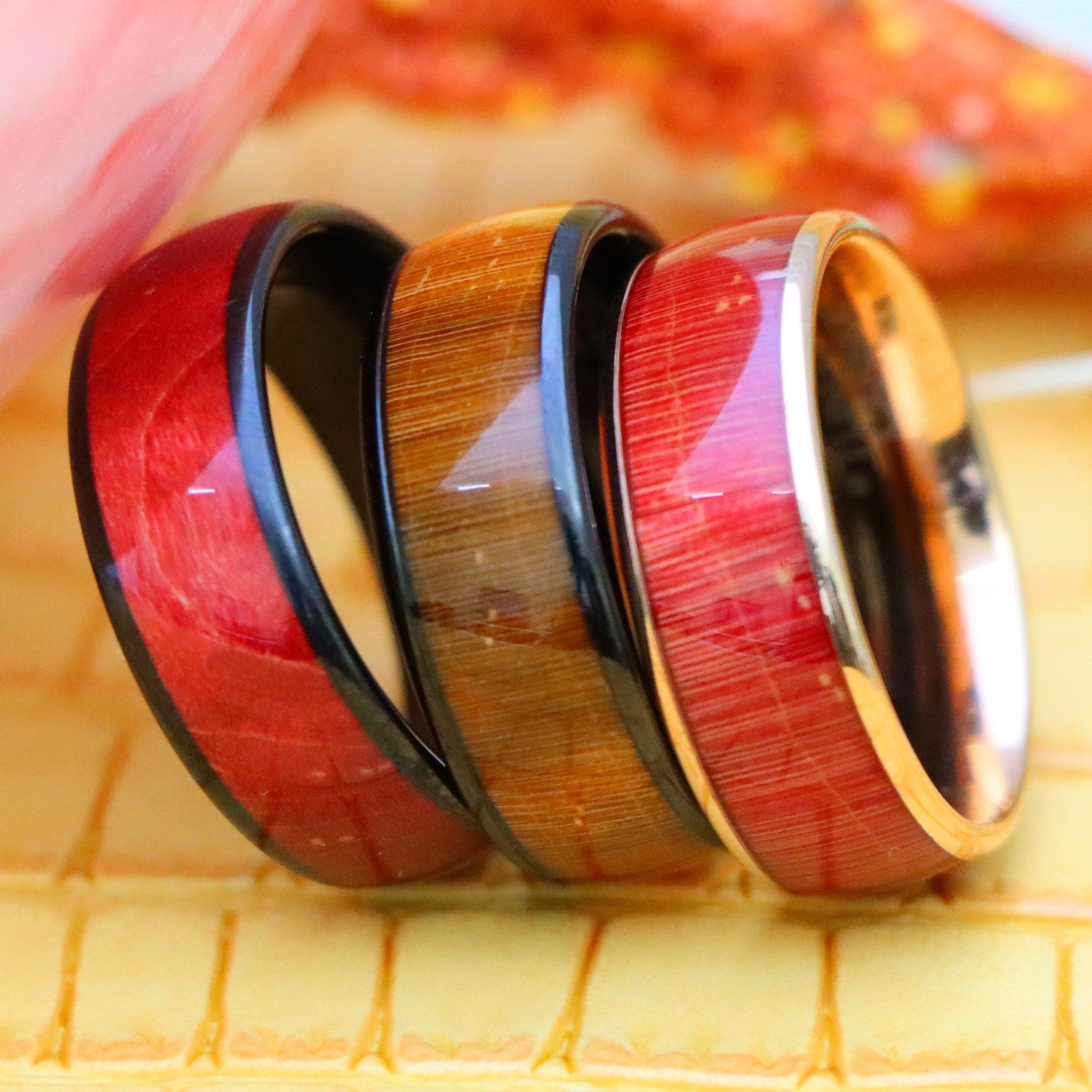 8mm Rose Gold IP Plated/Black IP Plated Stabilized Burl Wood Inlay / Dyed Salmon Stain/Caramel Fawn Stain Solidified Wood Tungsten Ring