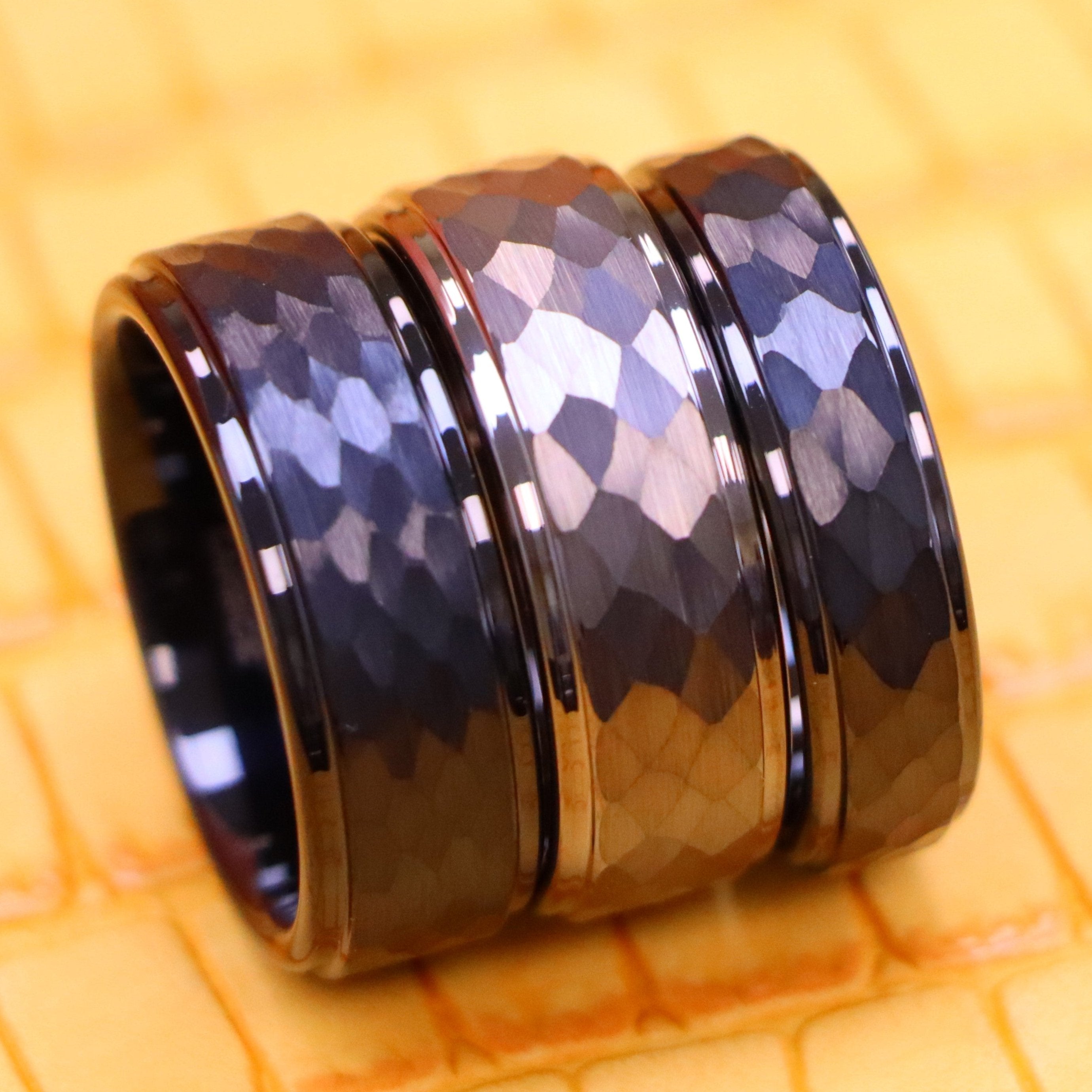 Black/Gun Metal IP Plated Hammered Center with Stepped Edge Tungsten Ring