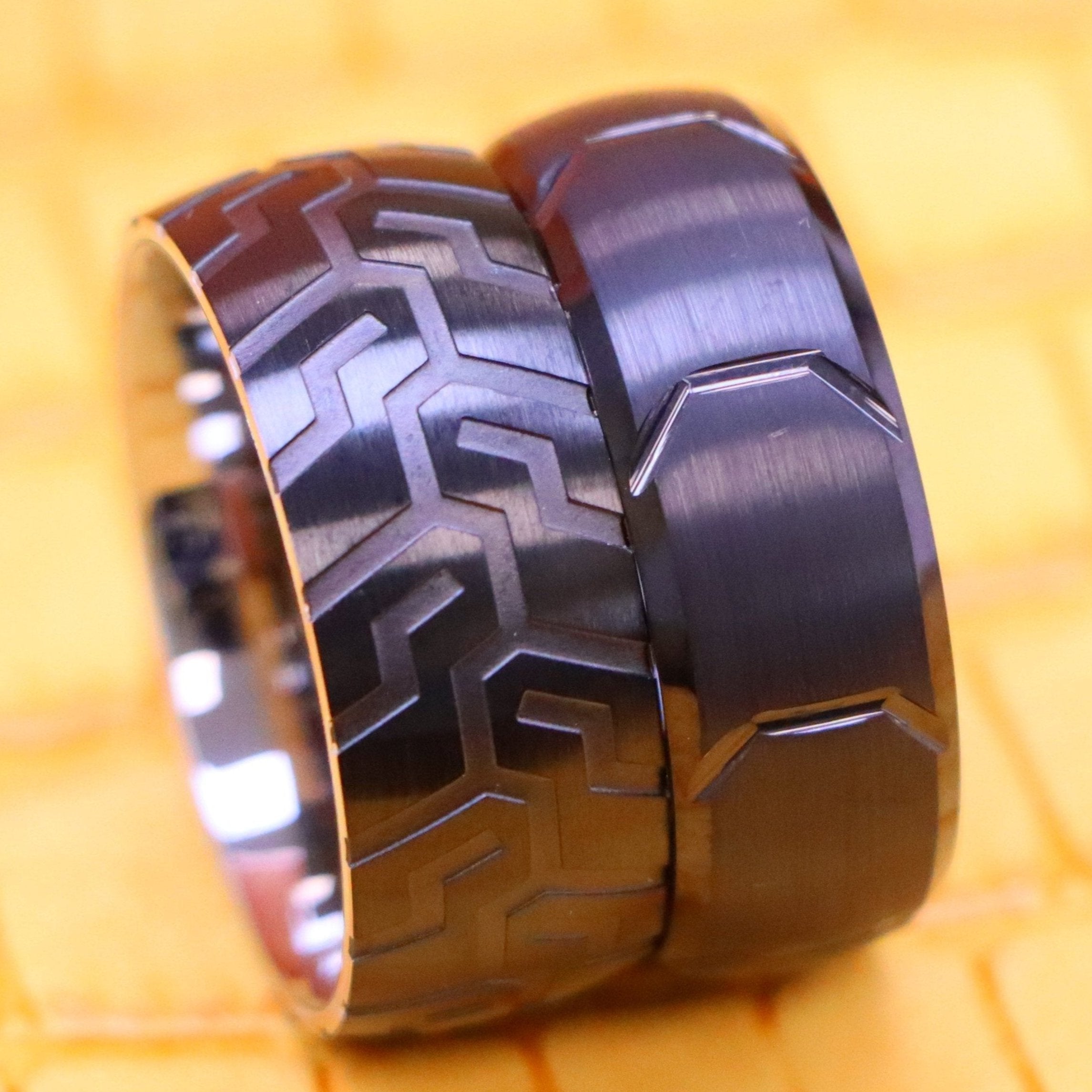 Semi-Domed Black IP Plated Tire Thread Center / Sleek Tire Tread Laser Carved Pattern Tungsten Ring - Men's Tungsten Jewelry