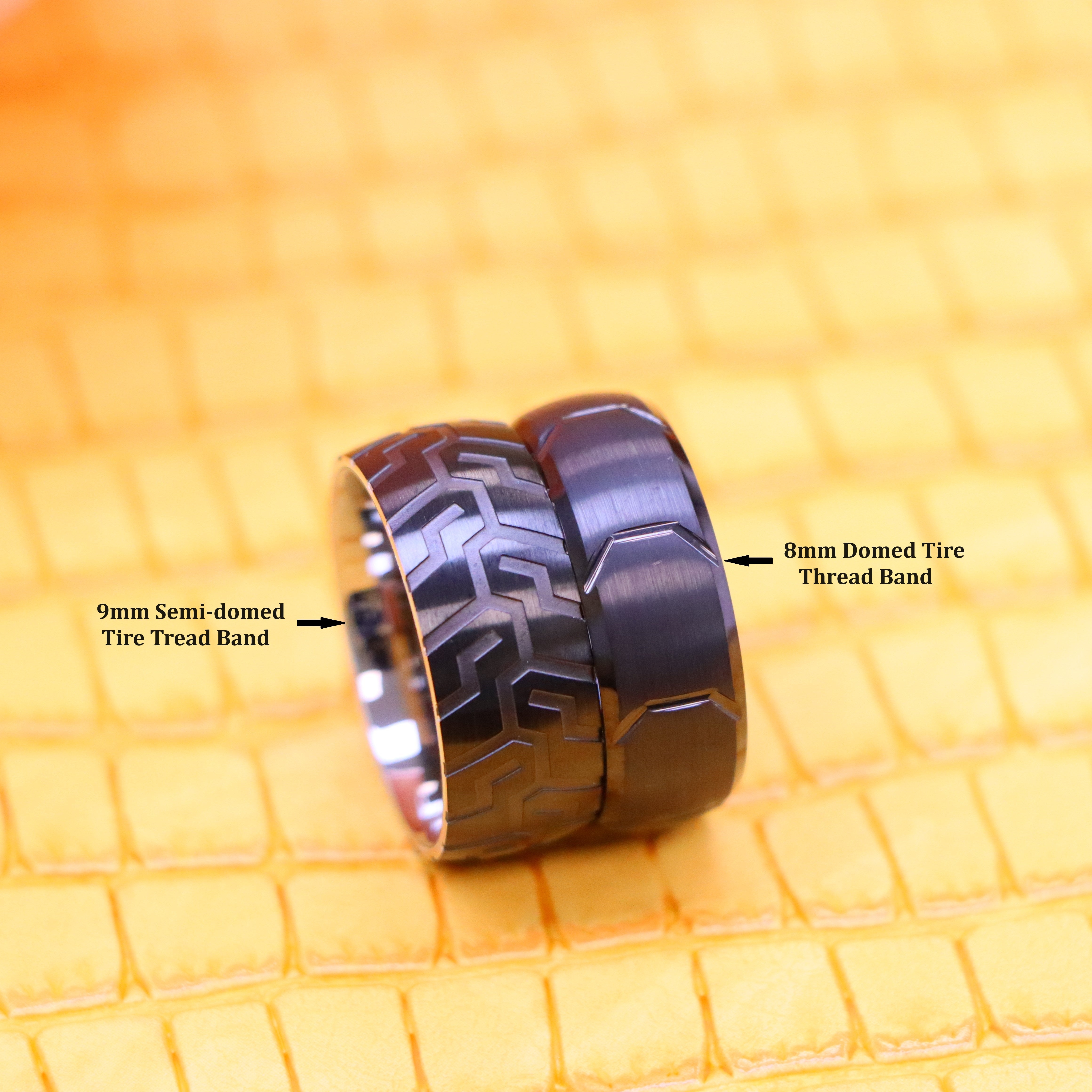 Semi-Domed Black IP Plated Tire Thread Center / Sleek Tire Tread Laser Carved Pattern Tungsten Ring - Men's Tungsten Jewelry