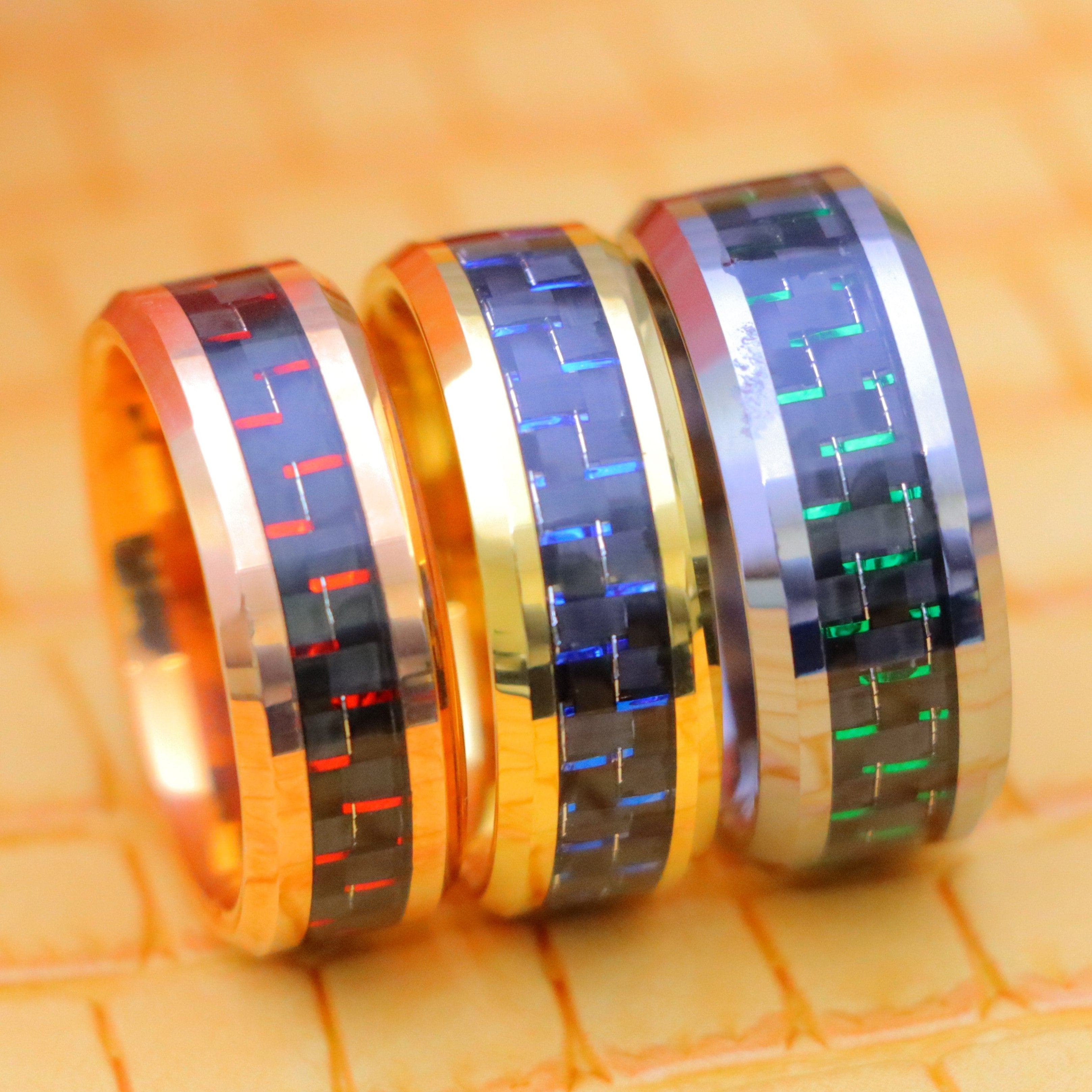 8 & 9mm High Polish Green &amp; Black/Blue &amp; Black/Red &amp; Black Carbon Fiber Inlay Beveled Edge Tungsten Ring