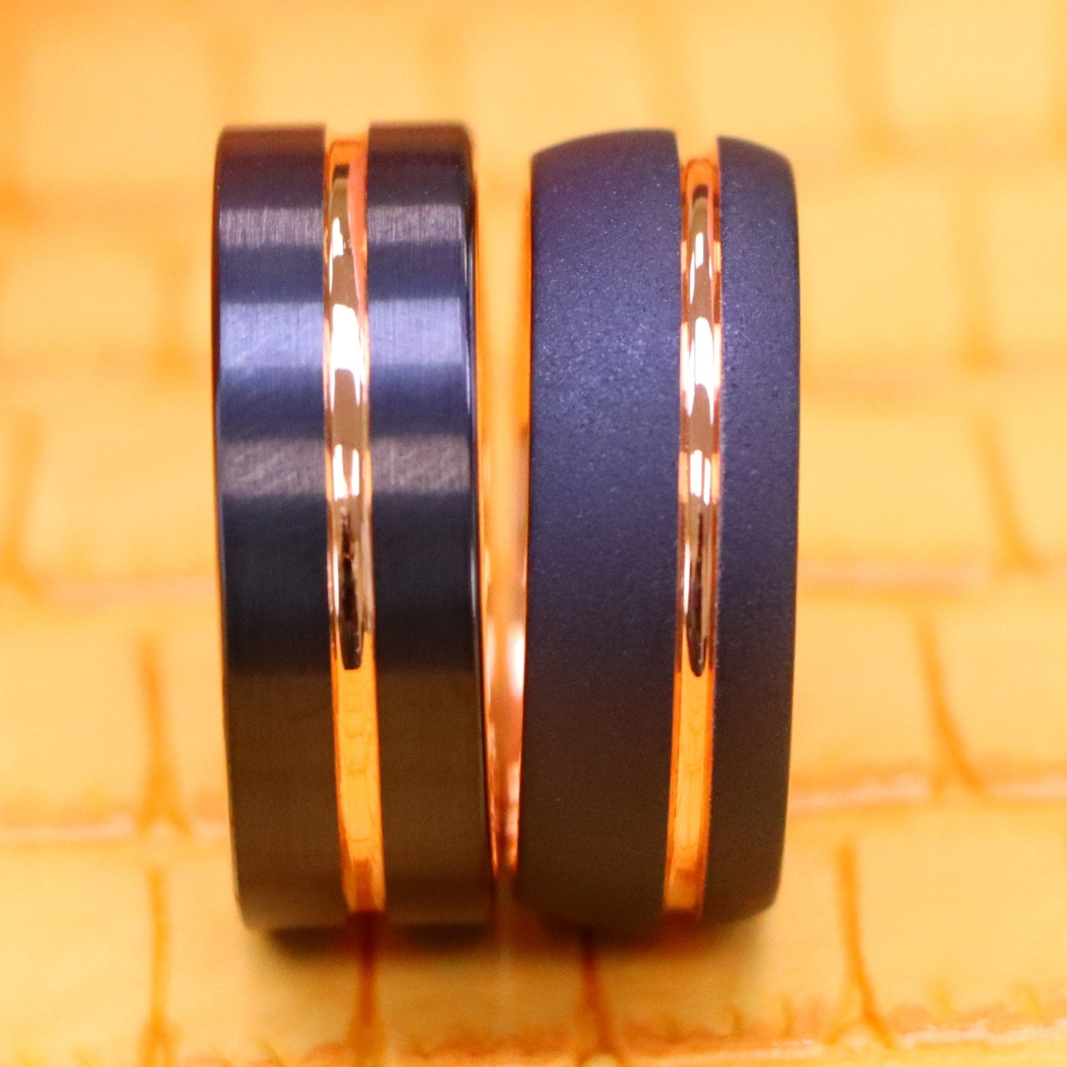 8mm Domed Rose Gold &amp; Black IP Plated Sandblasted Finish/Rose &amp; Black IP Grooved Pipe-Cut Tungsten Ring