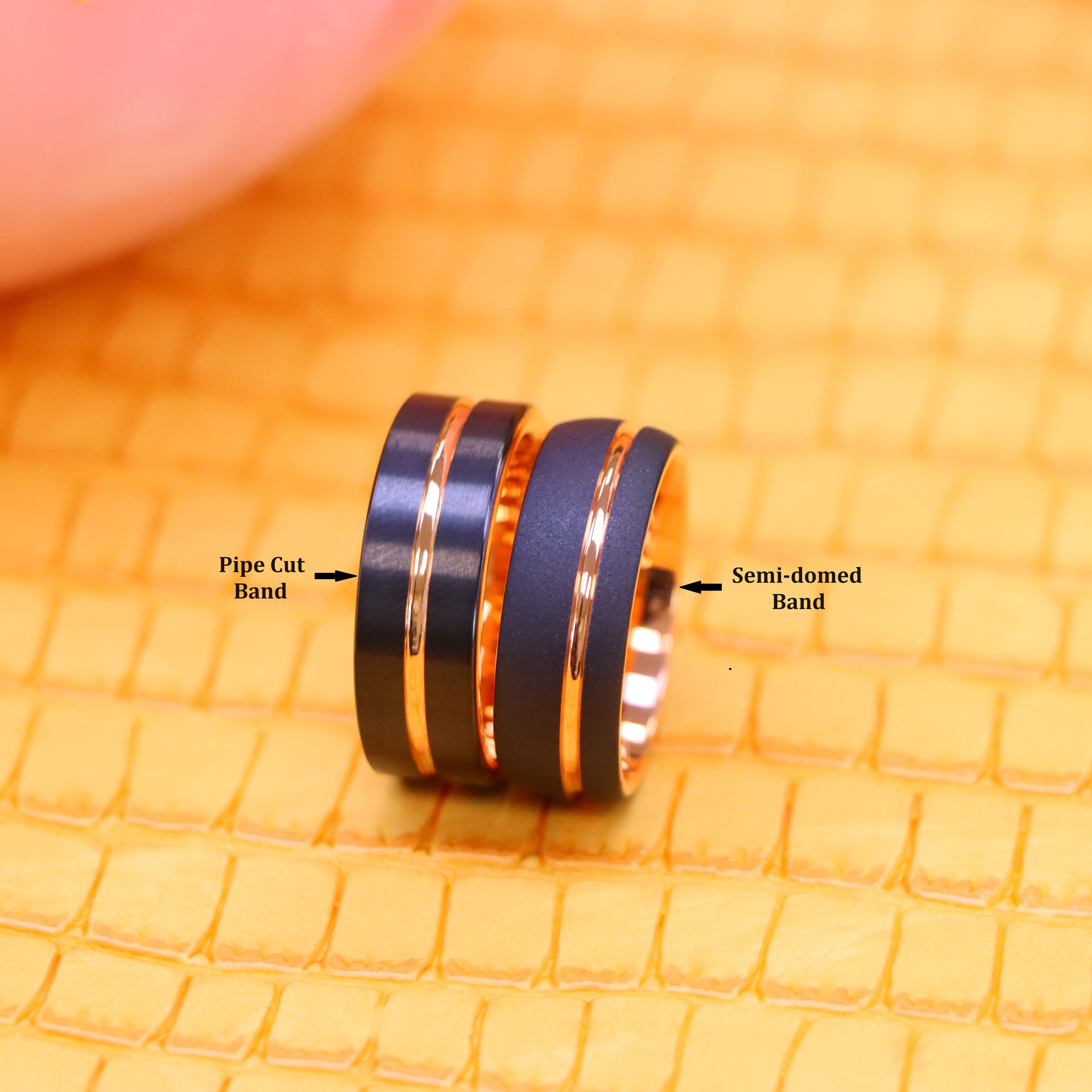 8mm Domed Rose Gold &amp; Black IP Plated Sandblasted Finish/Rose &amp; Black IP Grooved Pipe-Cut Tungsten Ring