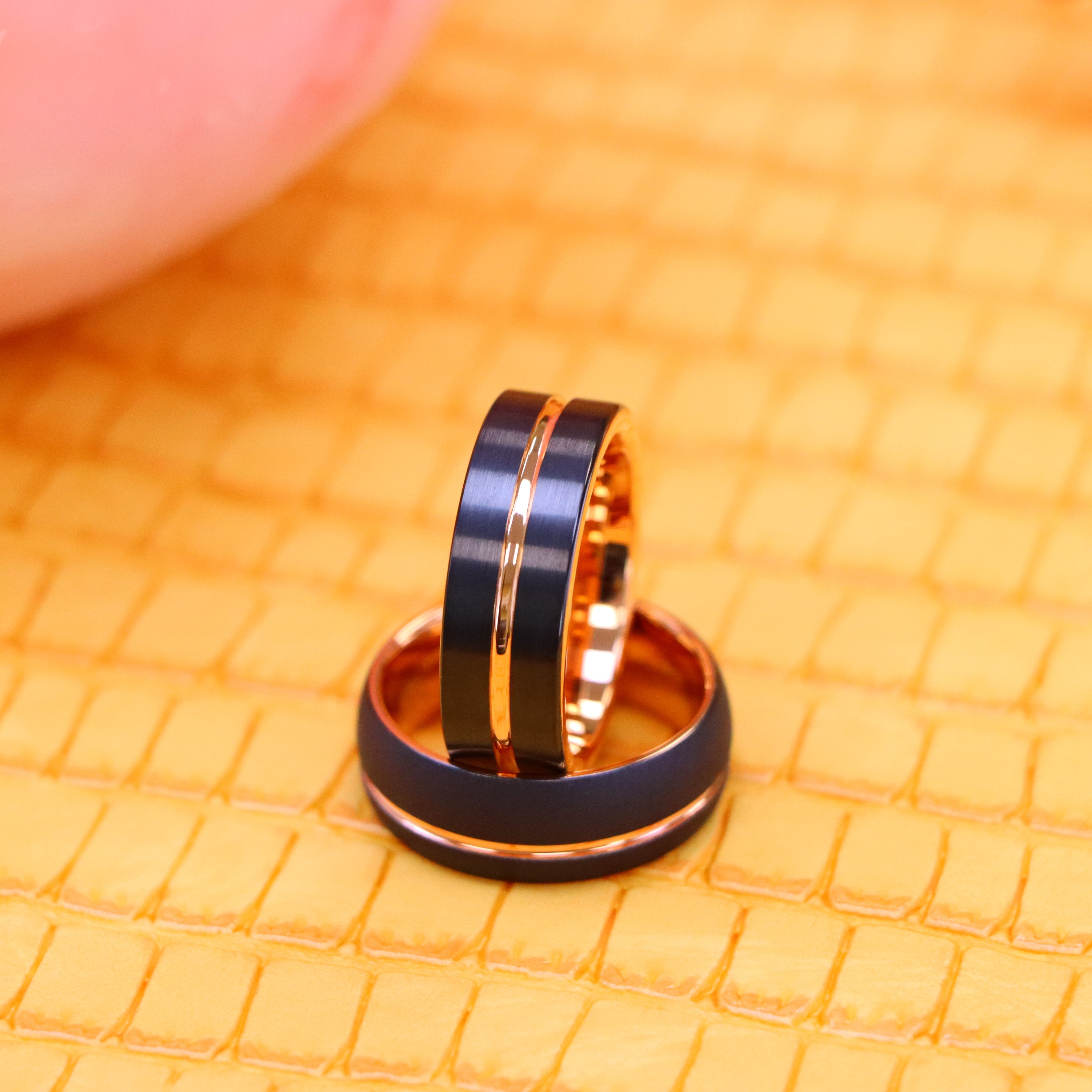 8mm Domed Rose Gold &amp; Black IP Plated Sandblasted Finish/Rose &amp; Black IP Grooved Pipe-Cut Tungsten Ring