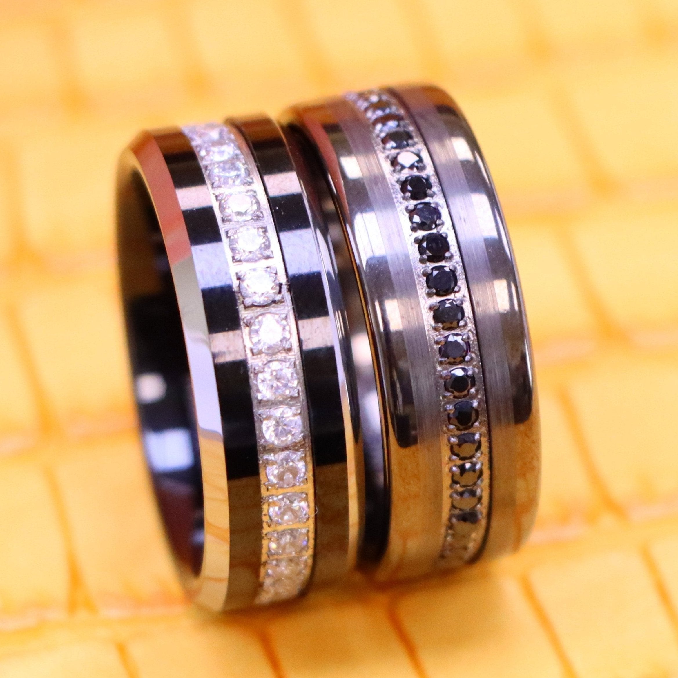 8mm Black IP Plated White/Black CZ Eternity Beveled Edge Tungsten Ring - Men's Tungsten Jewelry