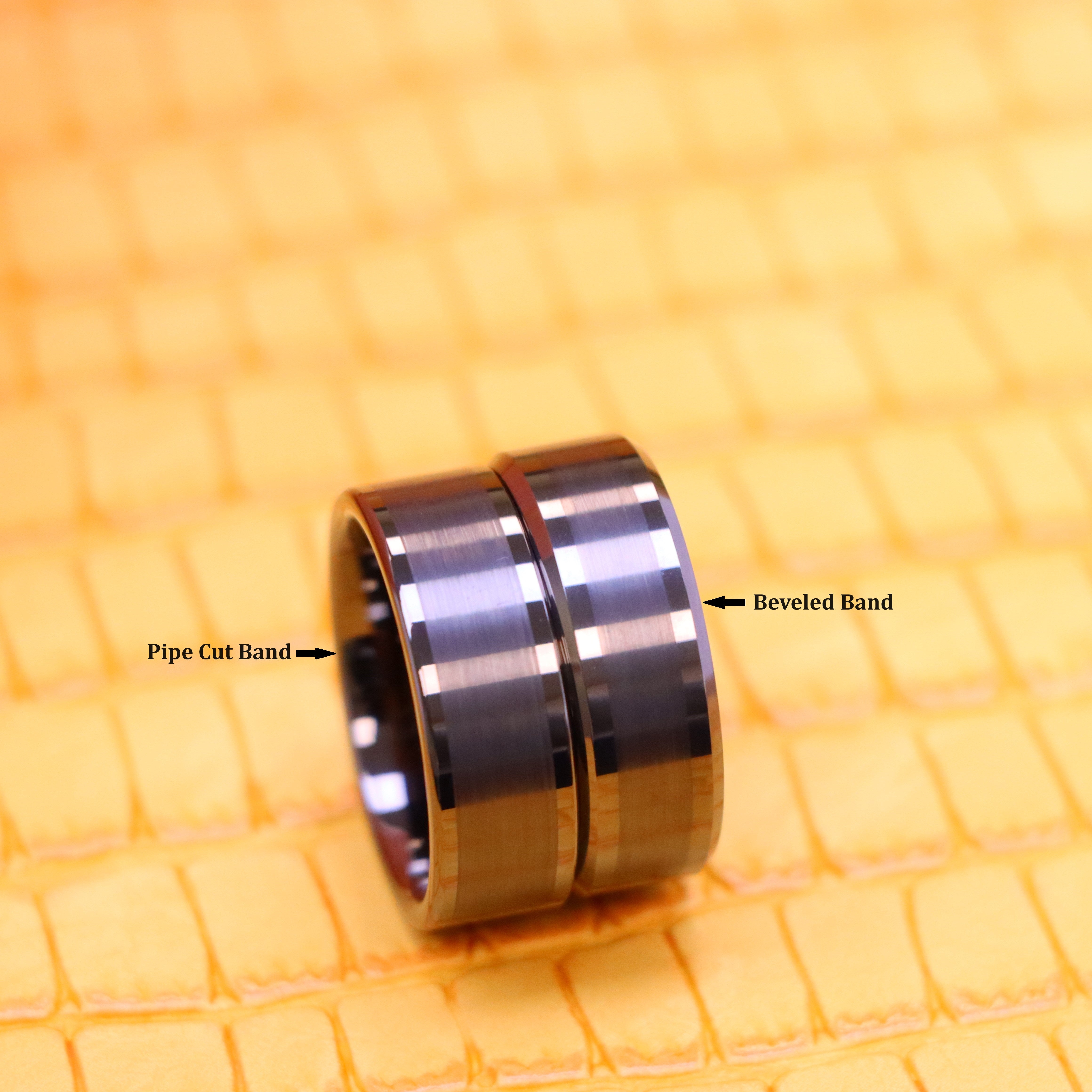 8mm Gun Metal IP Plated Pipe Cut Brushed Center Shiny Lines Beveled Edge/Flat Edge Tungsten Ring